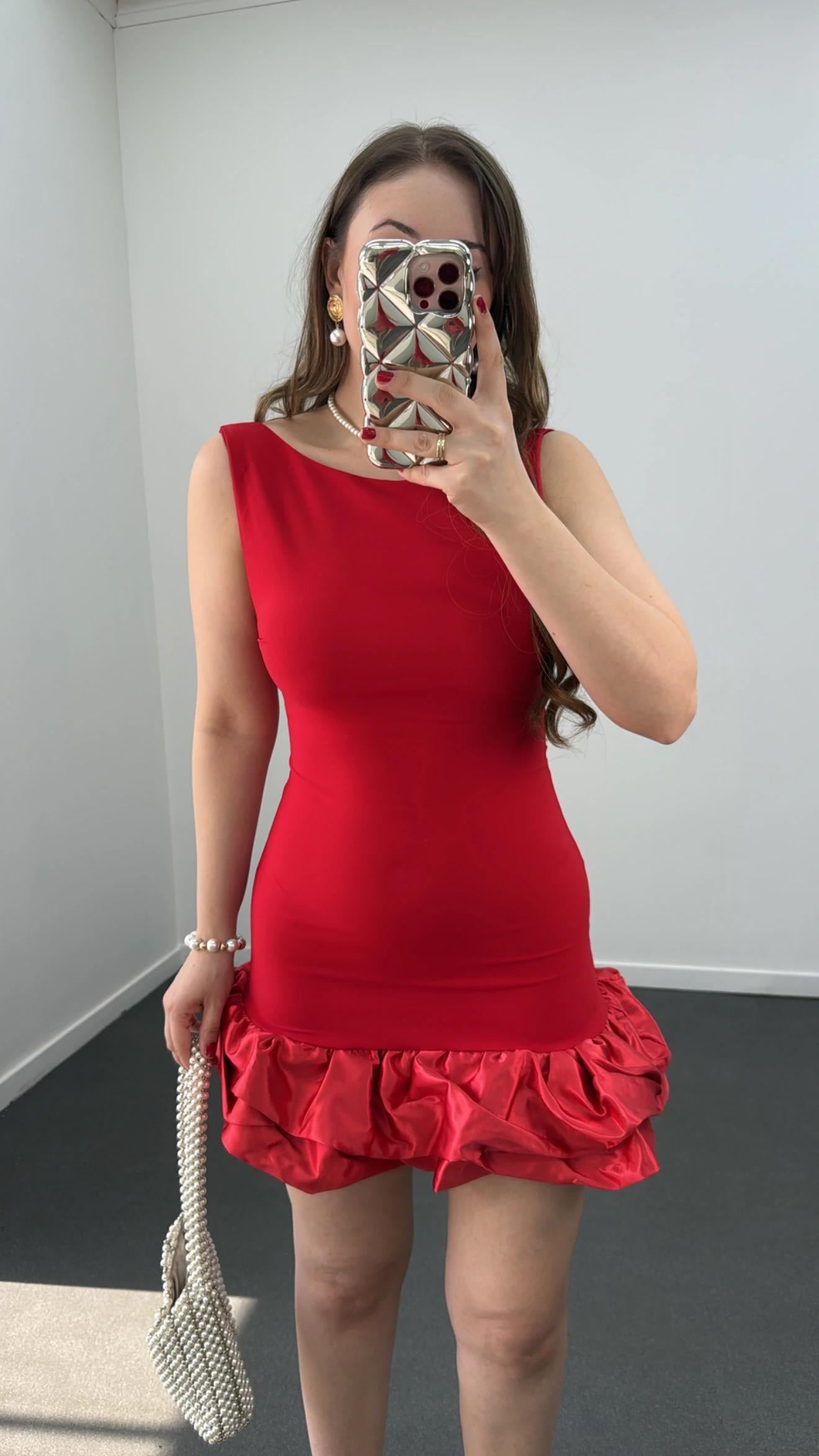 Ballery Kırmızı Saten Fırfırlı Şortlu Mini Elbise