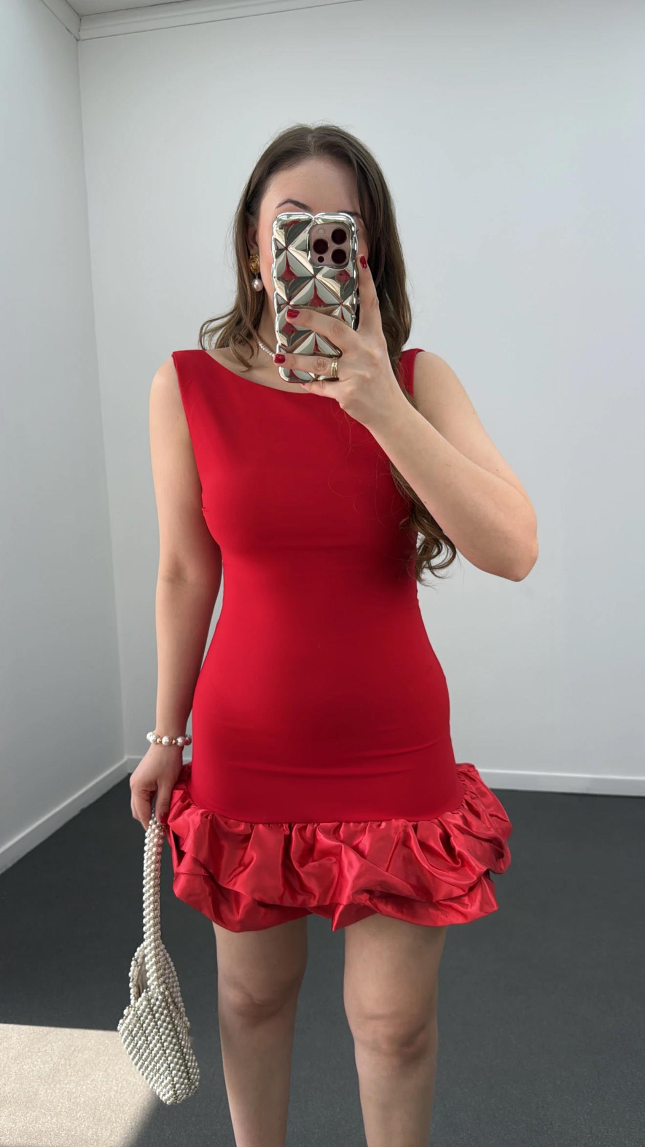 Ballery Kırmızı Saten Fırfırlı Şortlu Mini Elbise