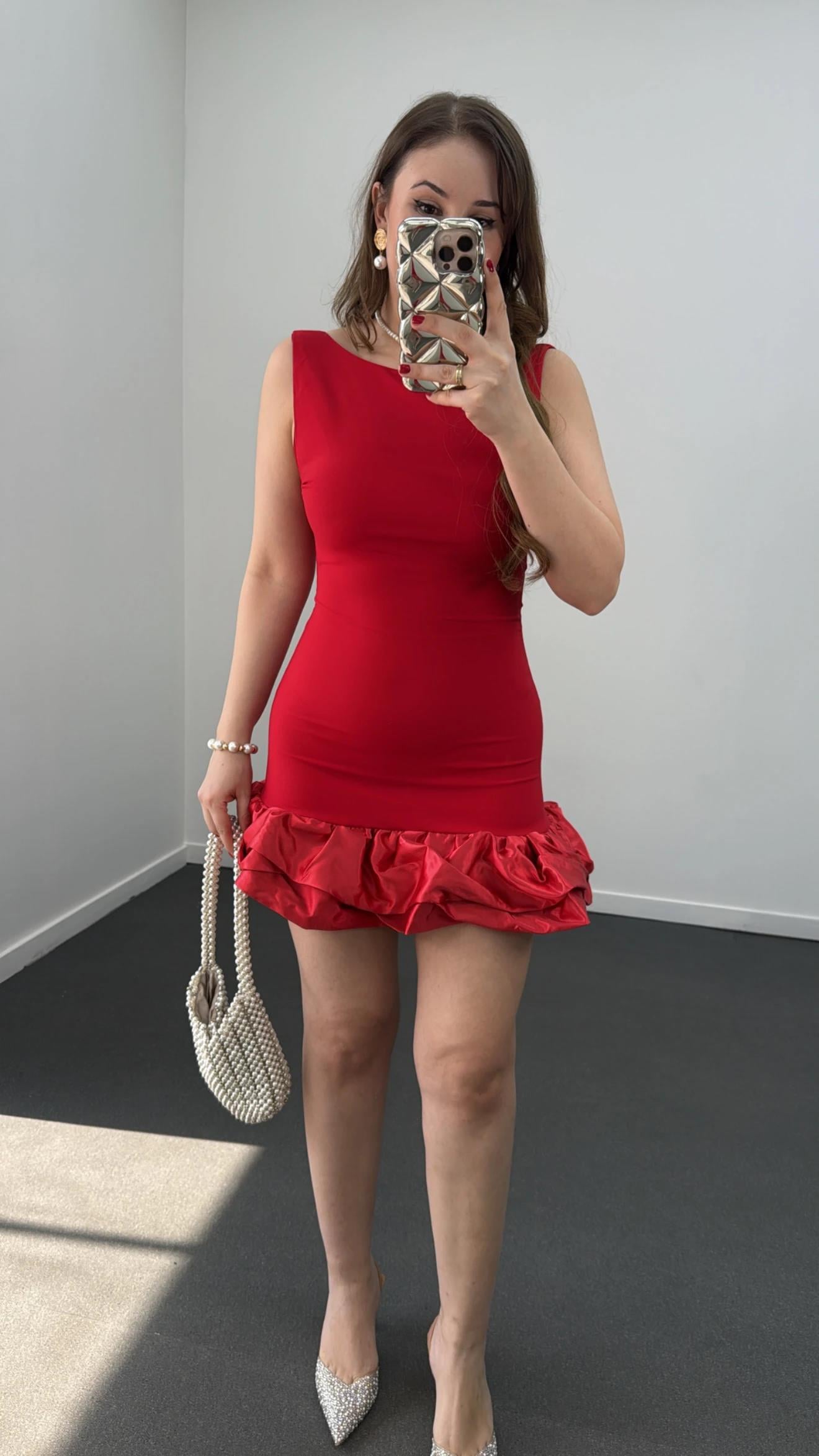 Ballery Kırmızı Saten Fırfırlı Şortlu Mini Elbise