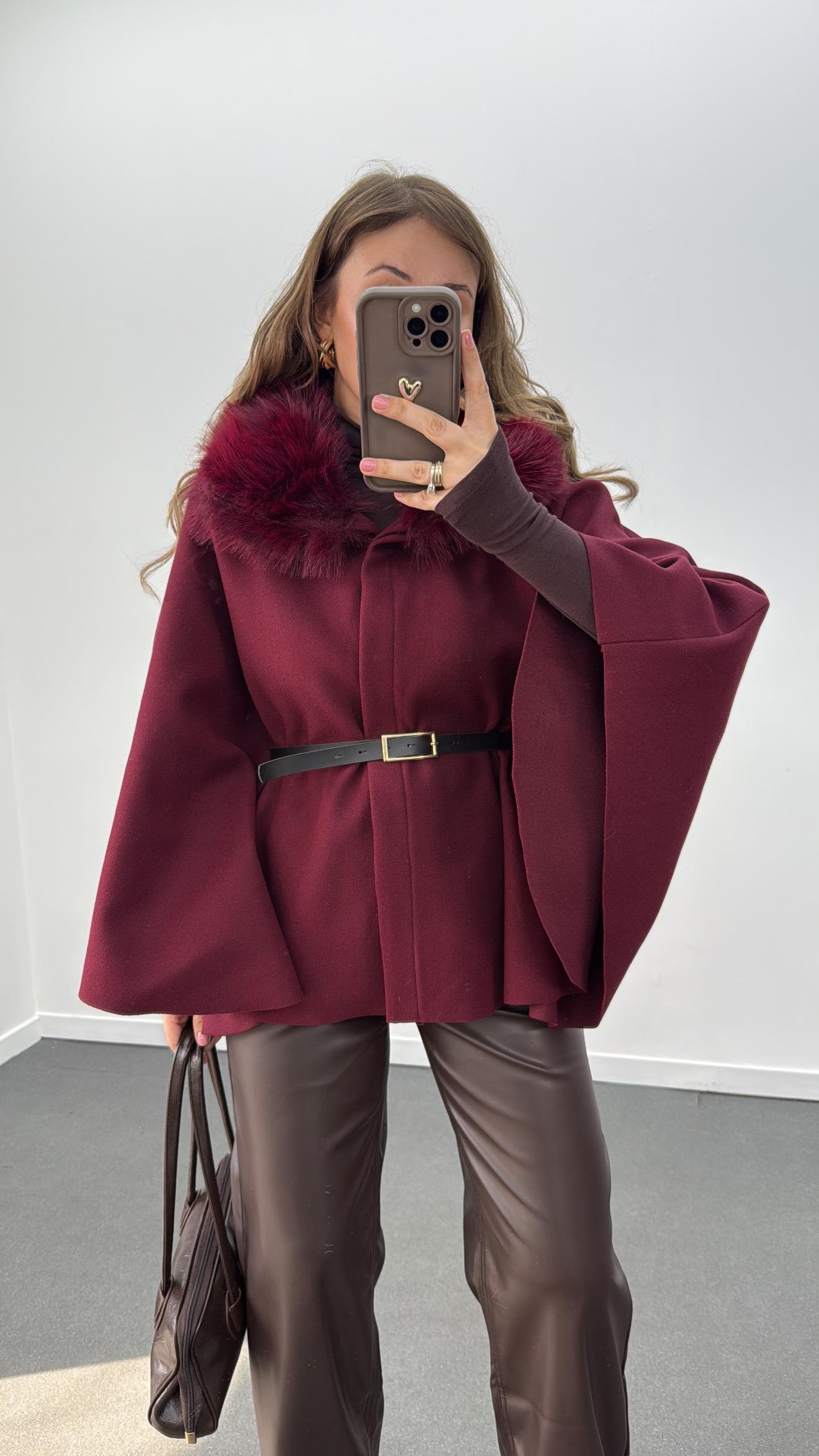 Barbara Bordo Kürk Yaka Kemerli Kaşe Panço Kaban