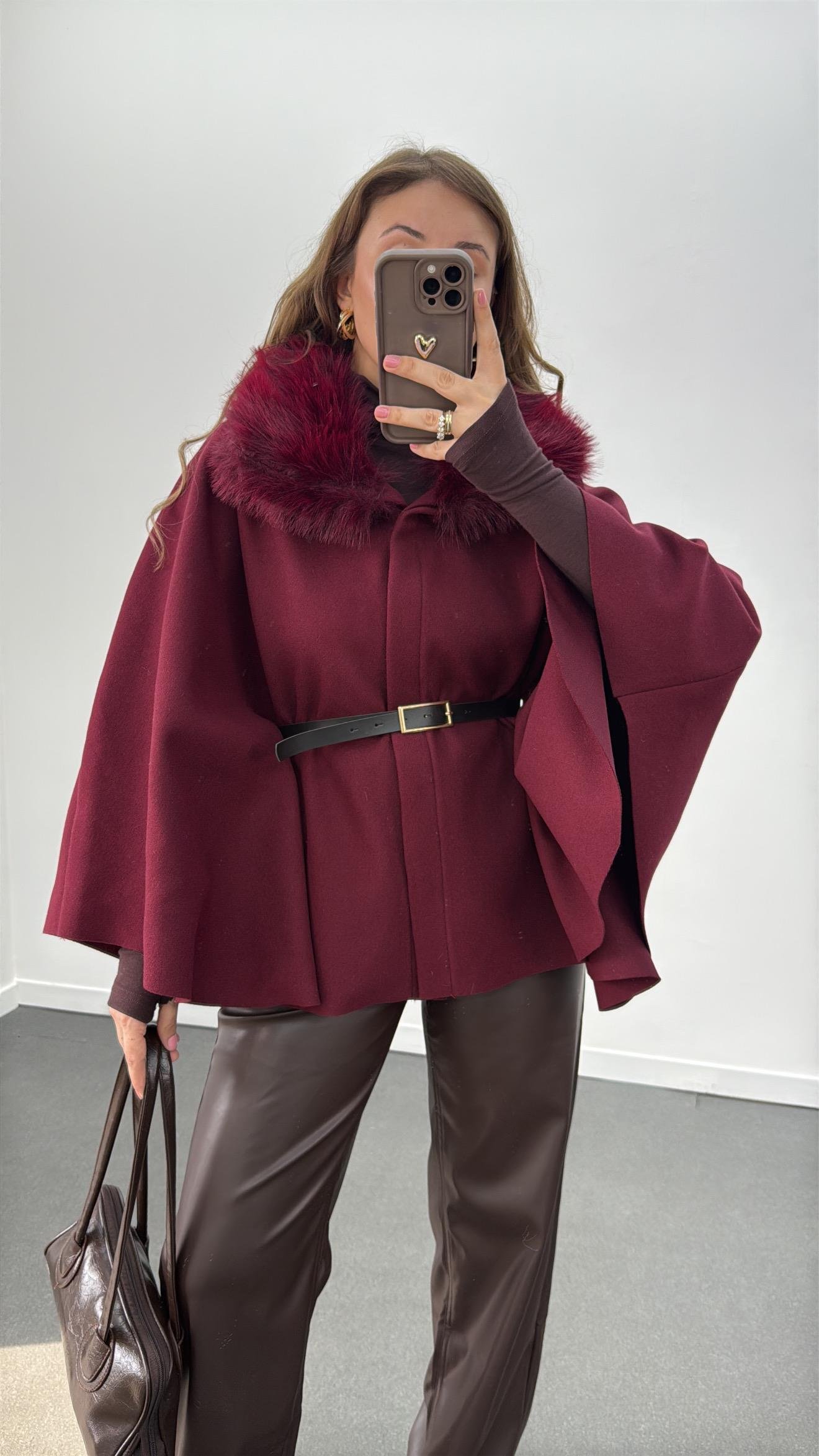 Barbara Bordo Kürk Yaka Kemerli Kaşe Panço Kaban