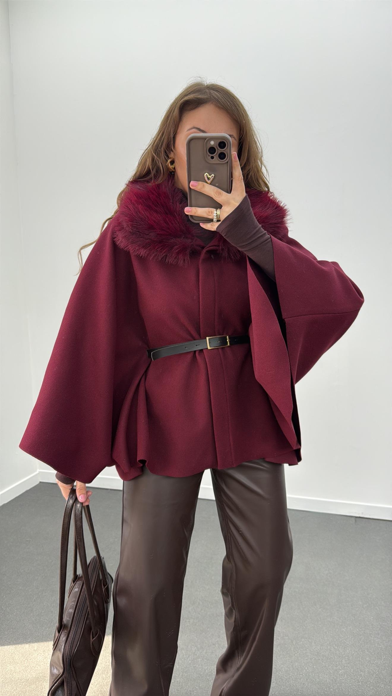 Barbara Bordo Kürk Yaka Kemerli Kaşe Panço Kaban