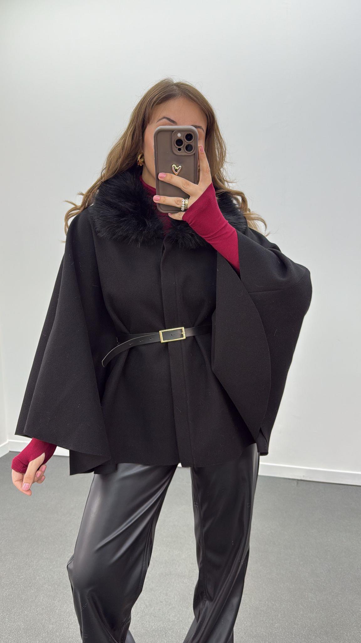 Barbara Siyah Kürk Yaka Kemerli Kaşe Panço Kaban