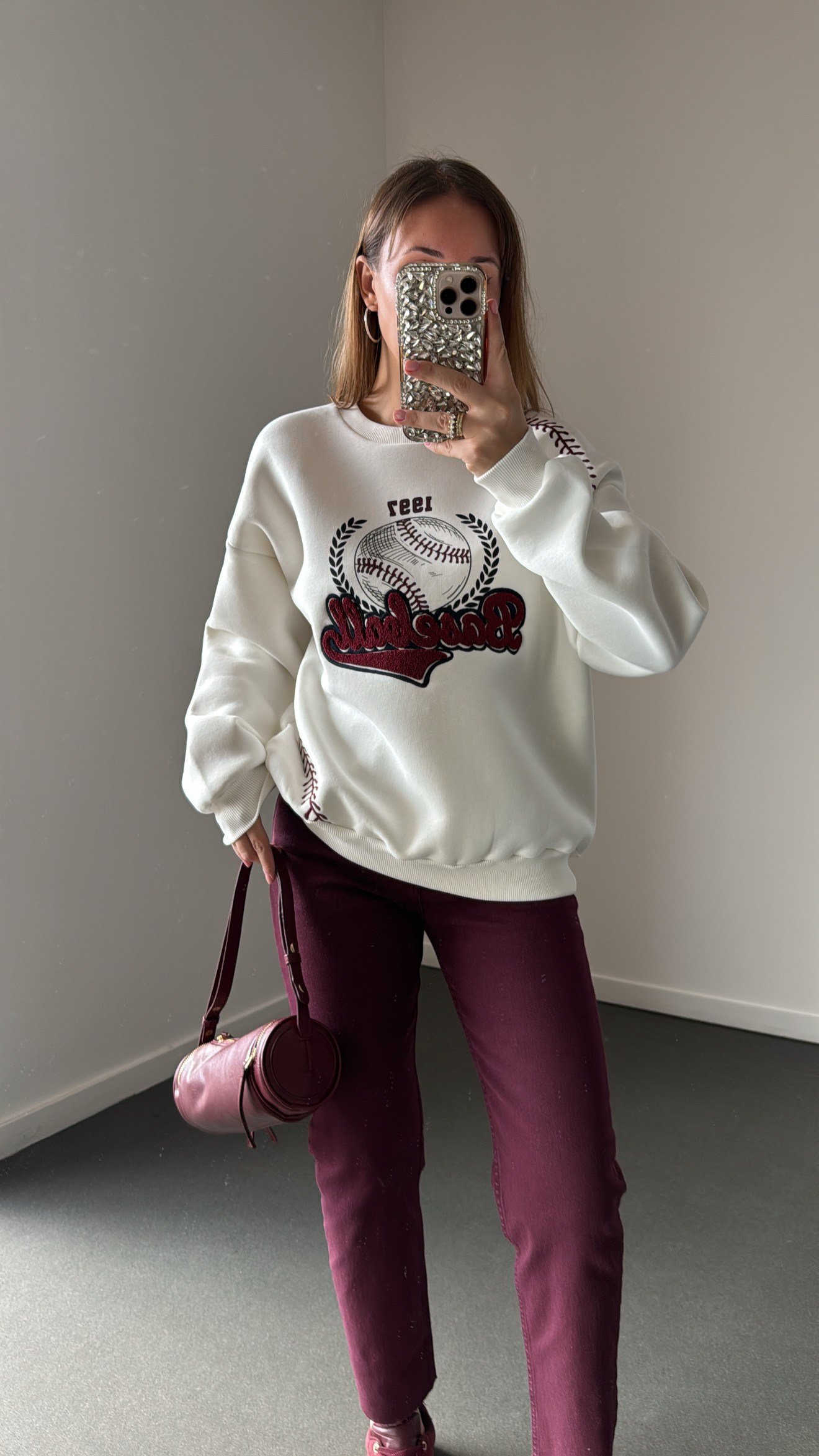 Baseball Bordo Nakışlı Sweatshirt