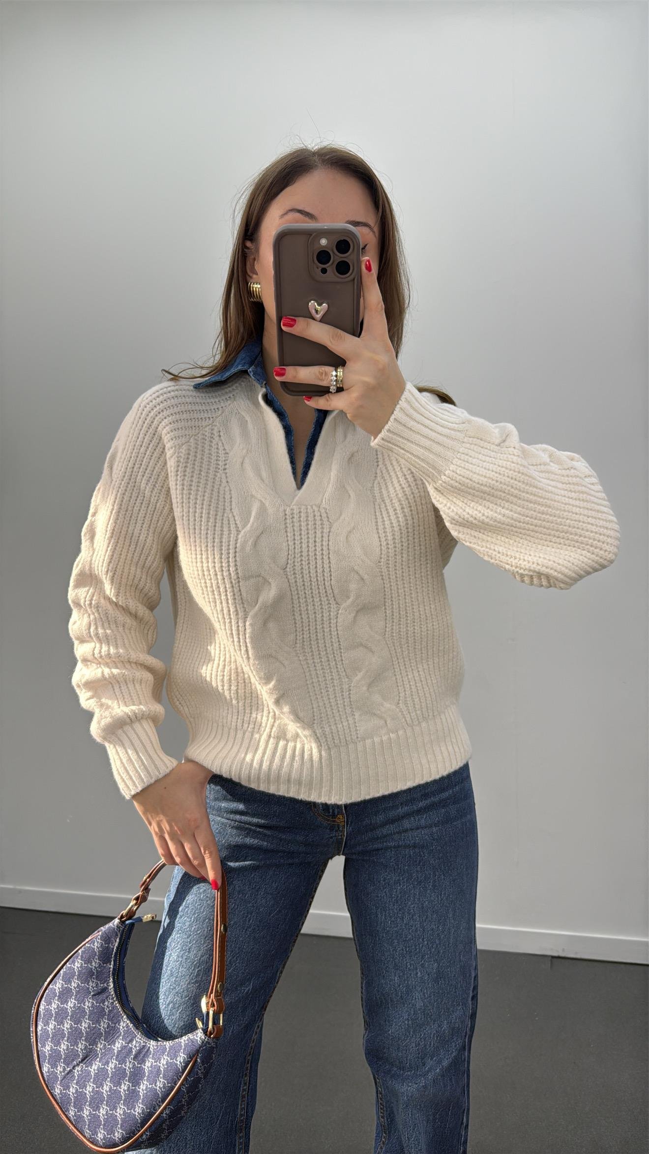 Belis Krem Polo Kot Yaka Saç Örgü Triko