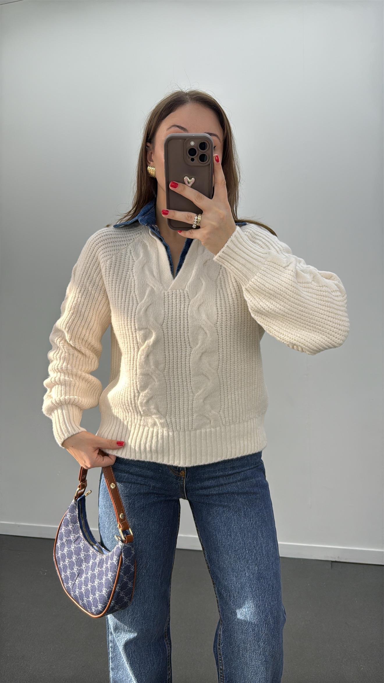 Belis Krem Polo Kot Yaka Saç Örgü Triko