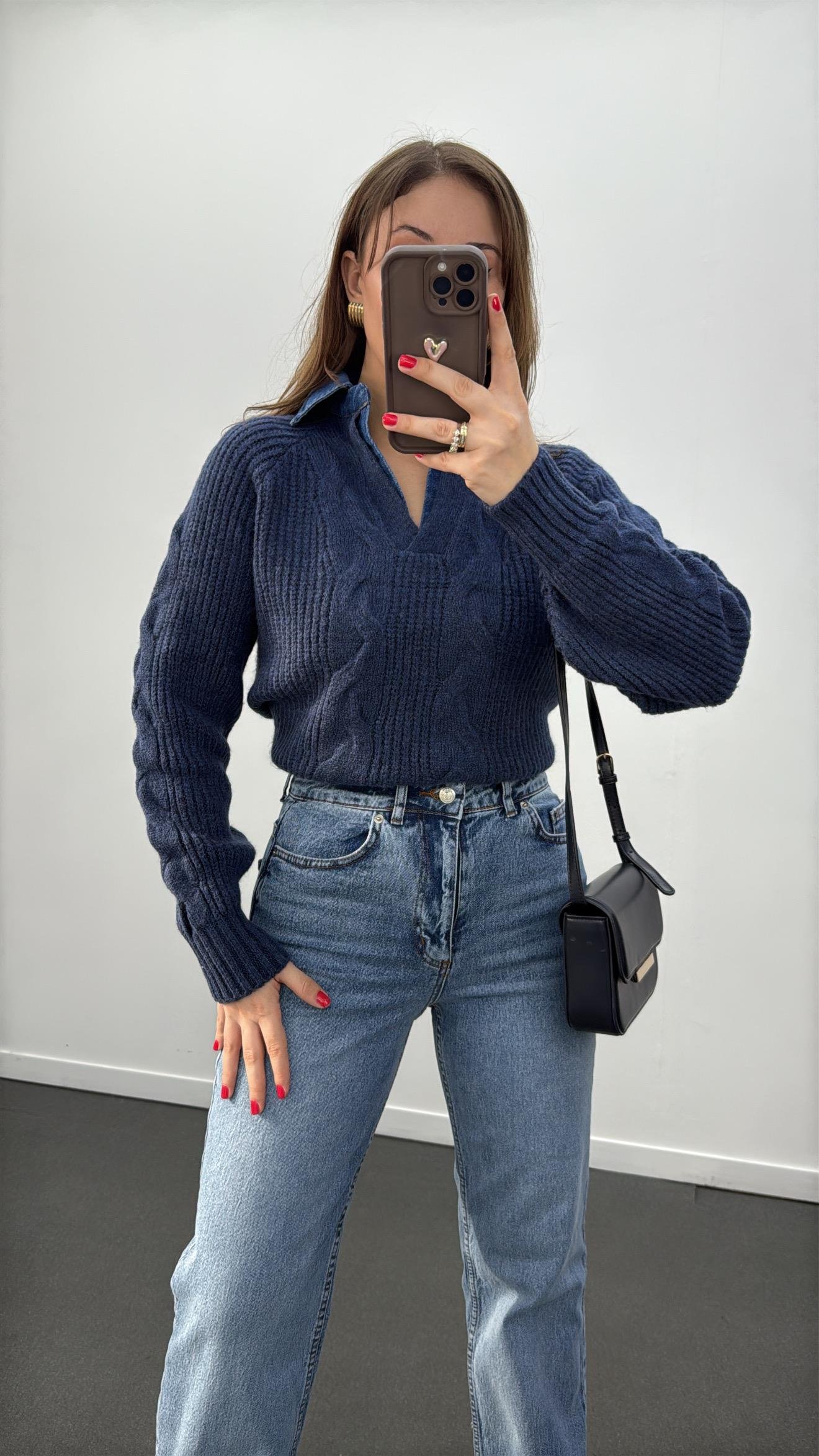 Belis Lacivert Polo Kot Yaka Saç Örgü Triko