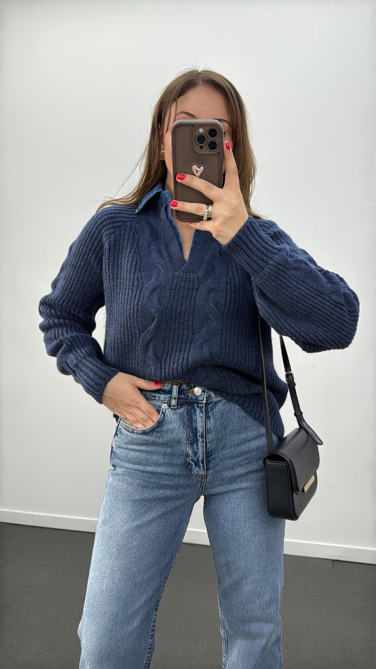 Belis Lacivert Polo Kot Yaka Saç Örgü Triko