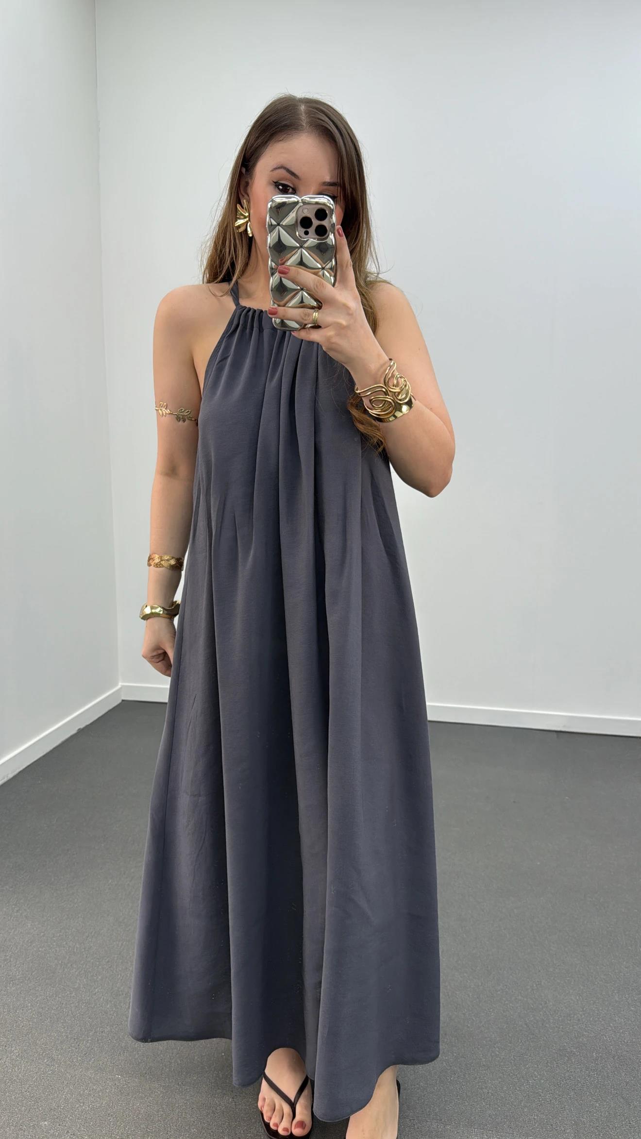 Bella Antrasit Modal Kumaşlı Maxi Elbise