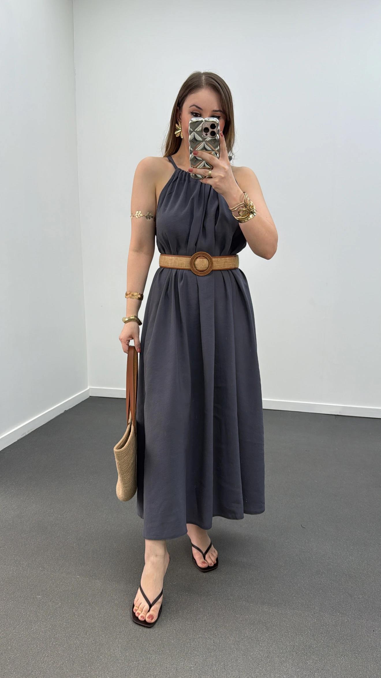 Bella Antrasit Modal Kumaşlı Maxi Elbise