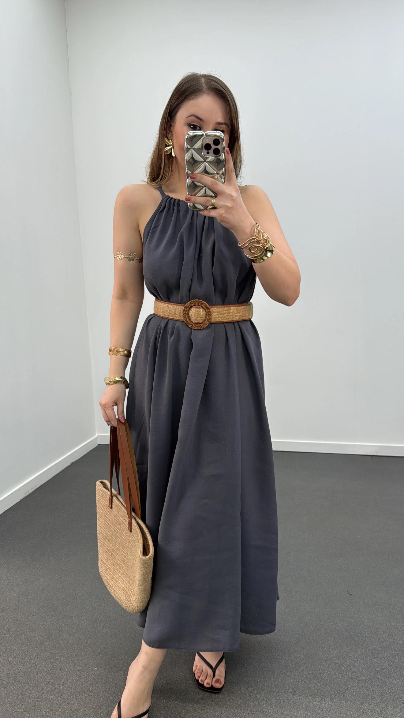 Bella Antrasit Modal Kumaşlı Maxi Elbise