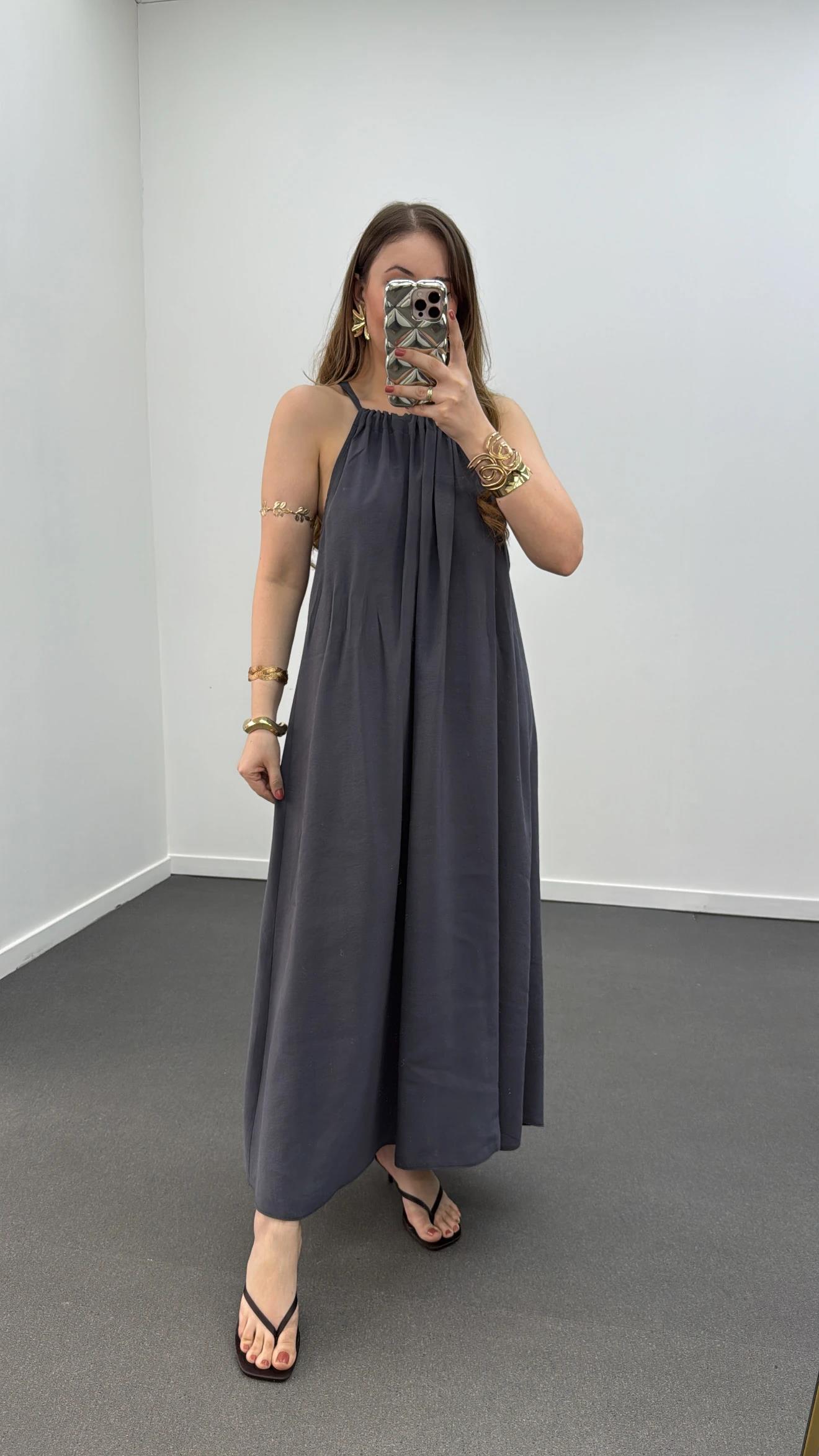 Bella Antrasit Modal Kumaşlı Maxi Elbise