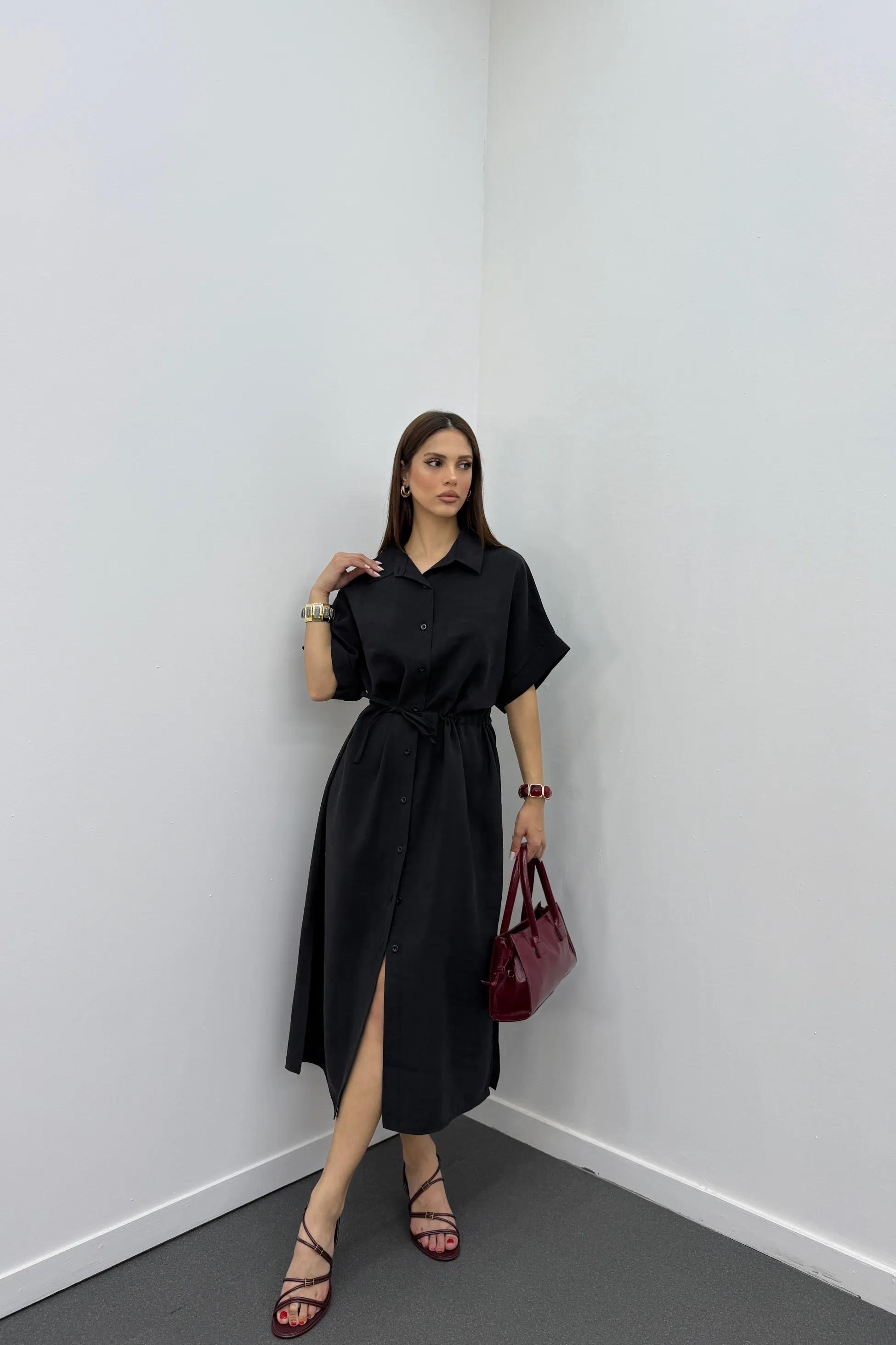 Berina Siyah Modal Midi Elbise