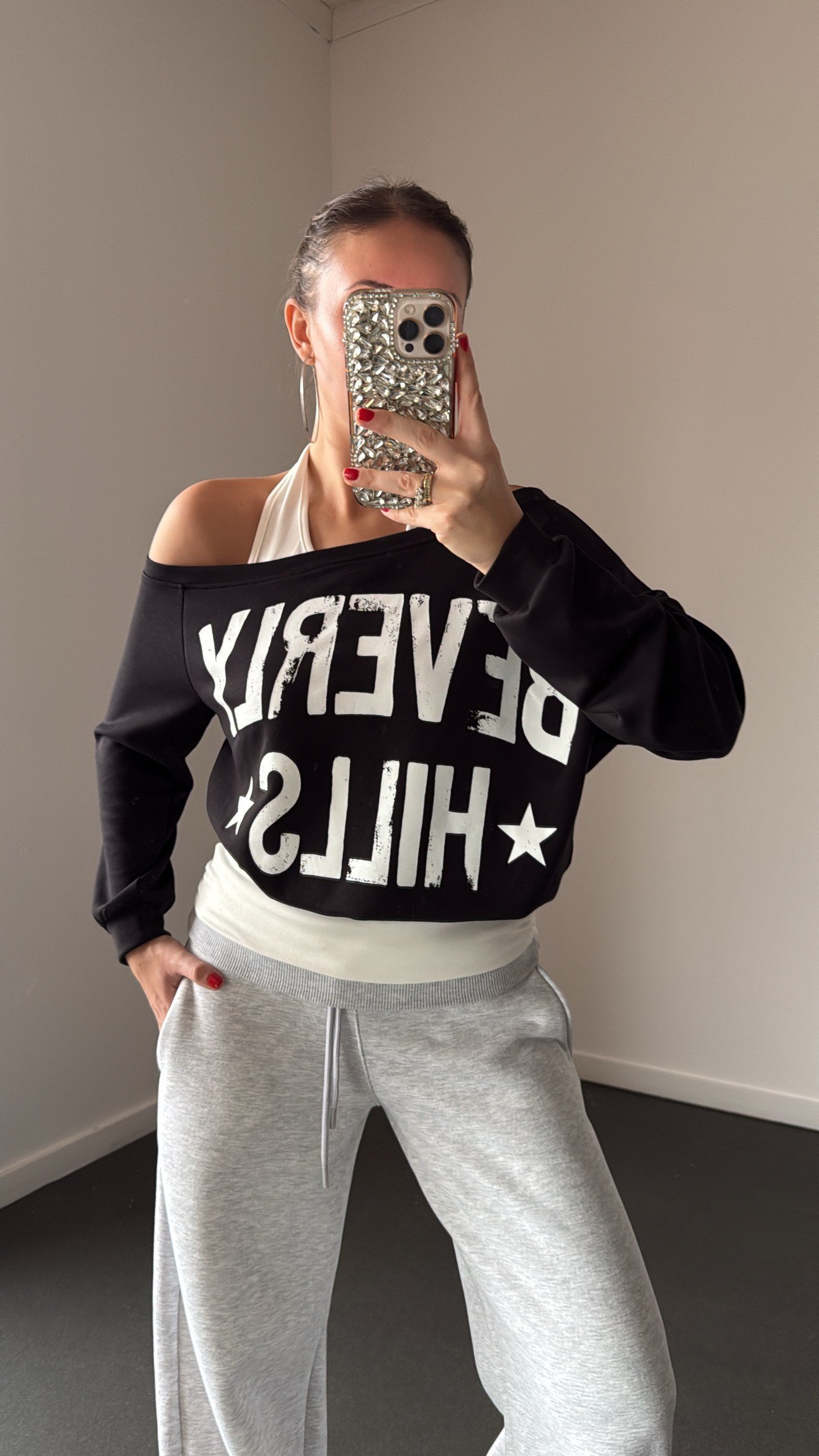 Beverly Hills Siyah-Beyaz Atletli Sweatshirt
