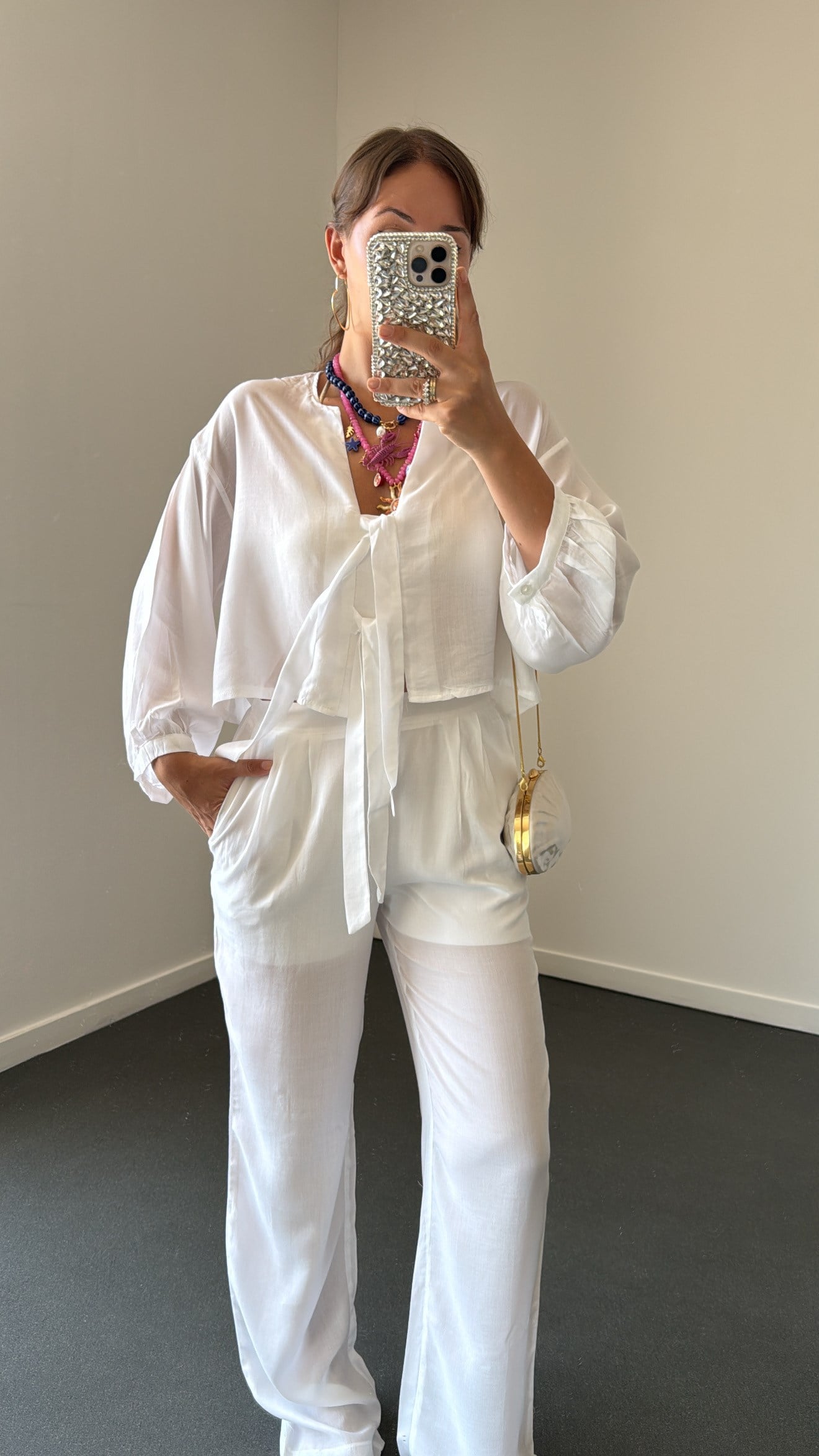 Biana Beyaz %100 Pamuk Bağlamalı Bluz Ve Pantolon Takımı