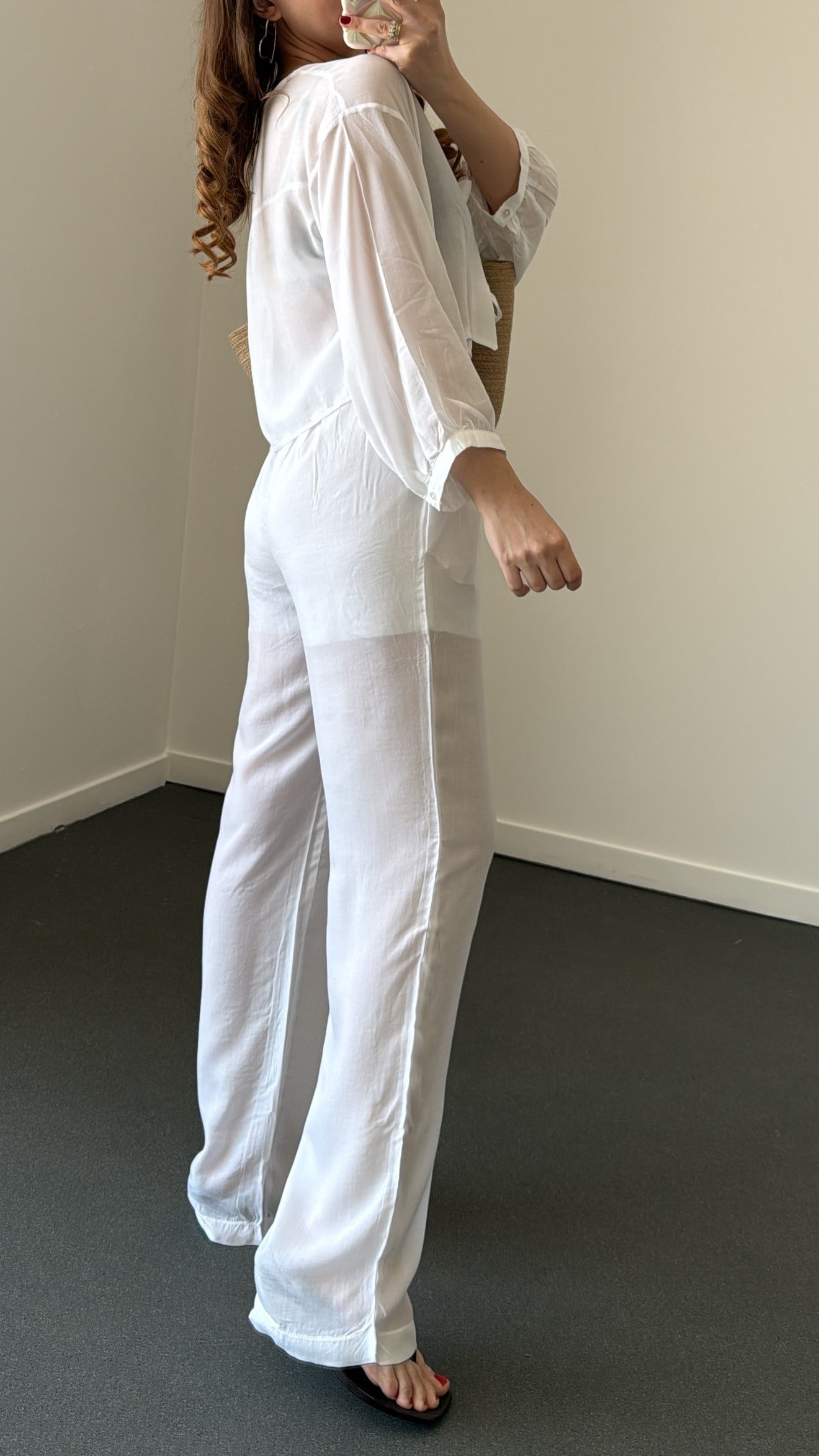 Biana Beyaz %100 Pamuk Bağlamalı Bluz Ve Pantolon Takımı
