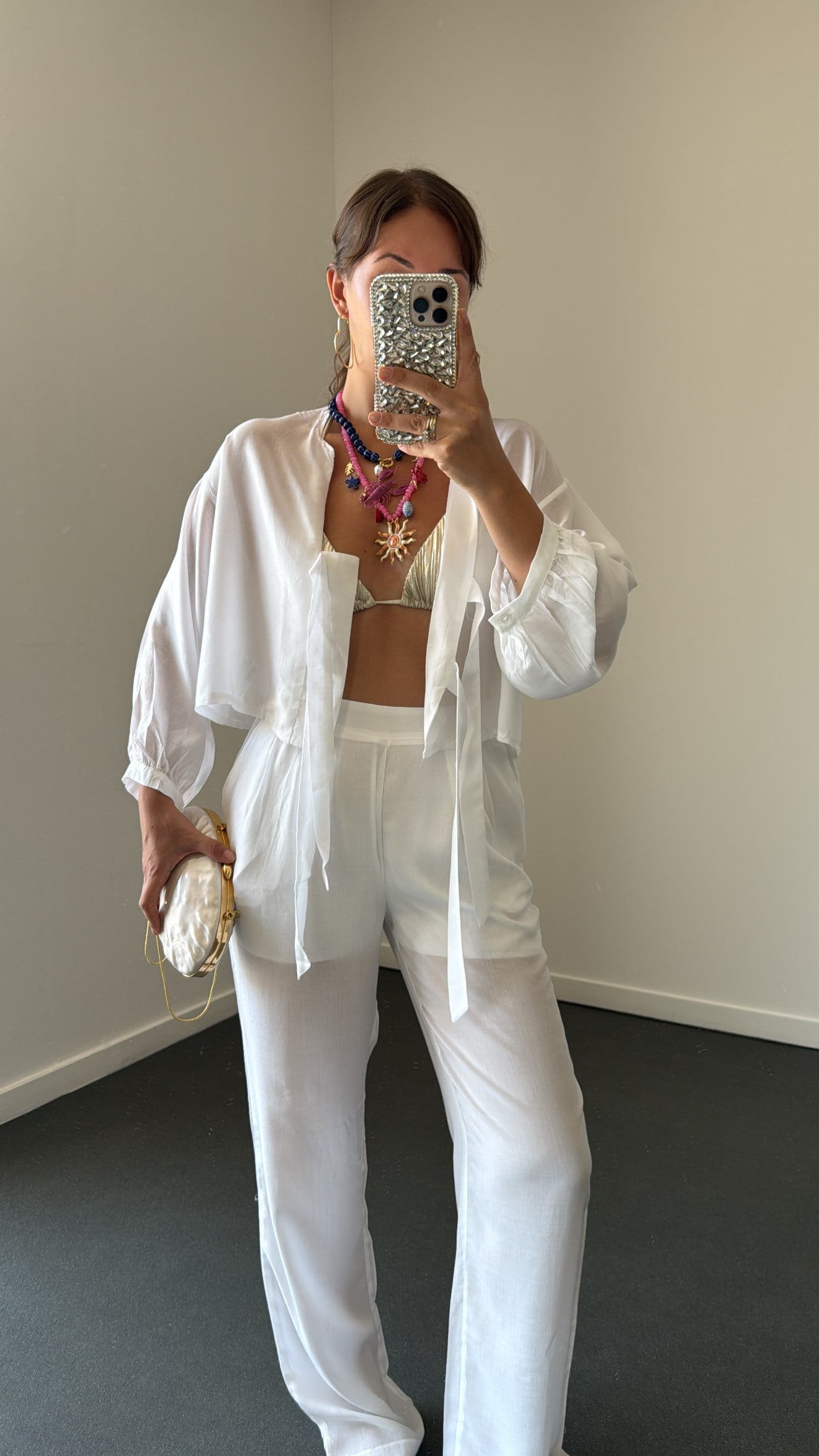 Biana Beyaz %100 Pamuk Bağlamalı Bluz Ve Pantolon Takımı