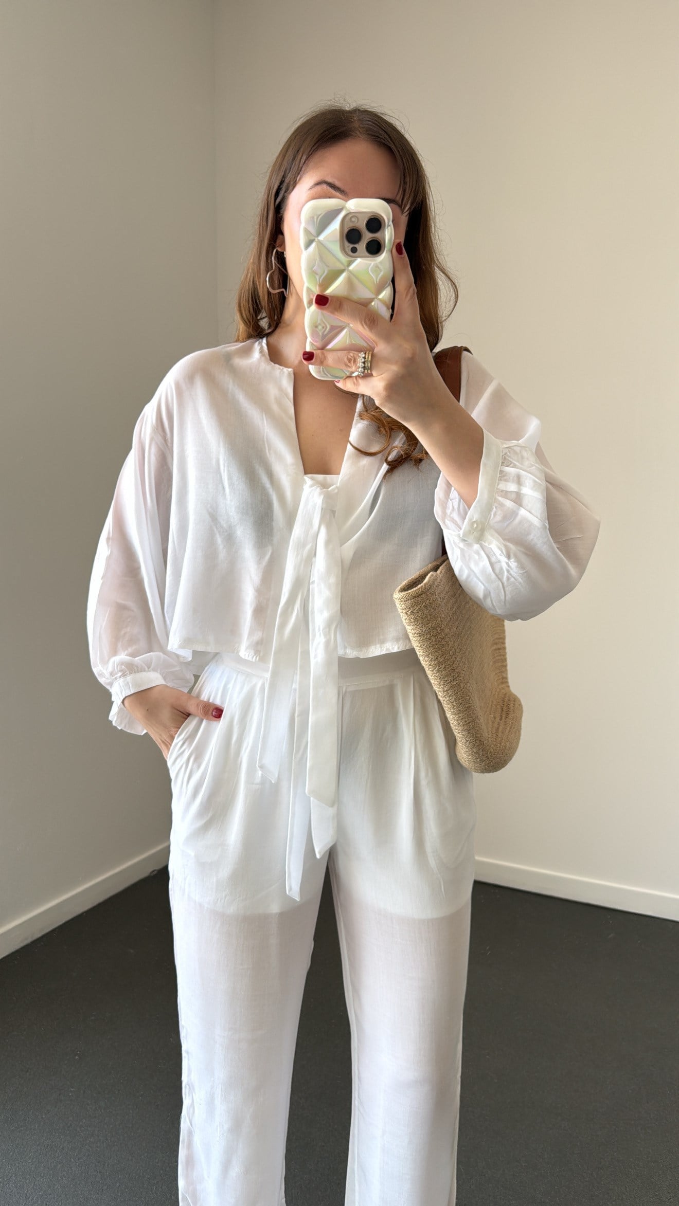 Biana Beyaz %100 Pamuk Bağlamalı Bluz Ve Pantolon Takımı