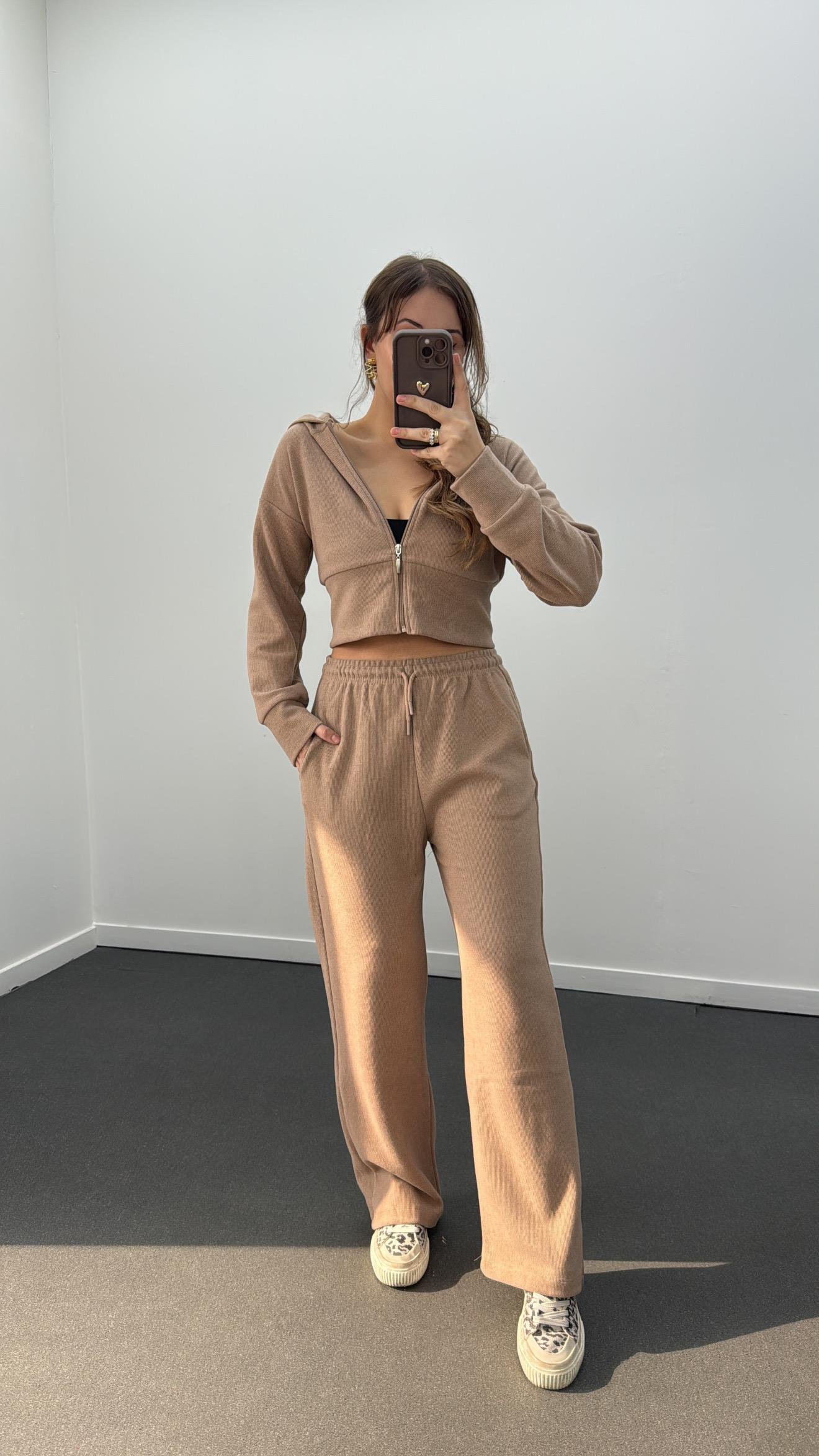 Bianca Bej Fitilli Triko Crop Hırka Eşofman Takım