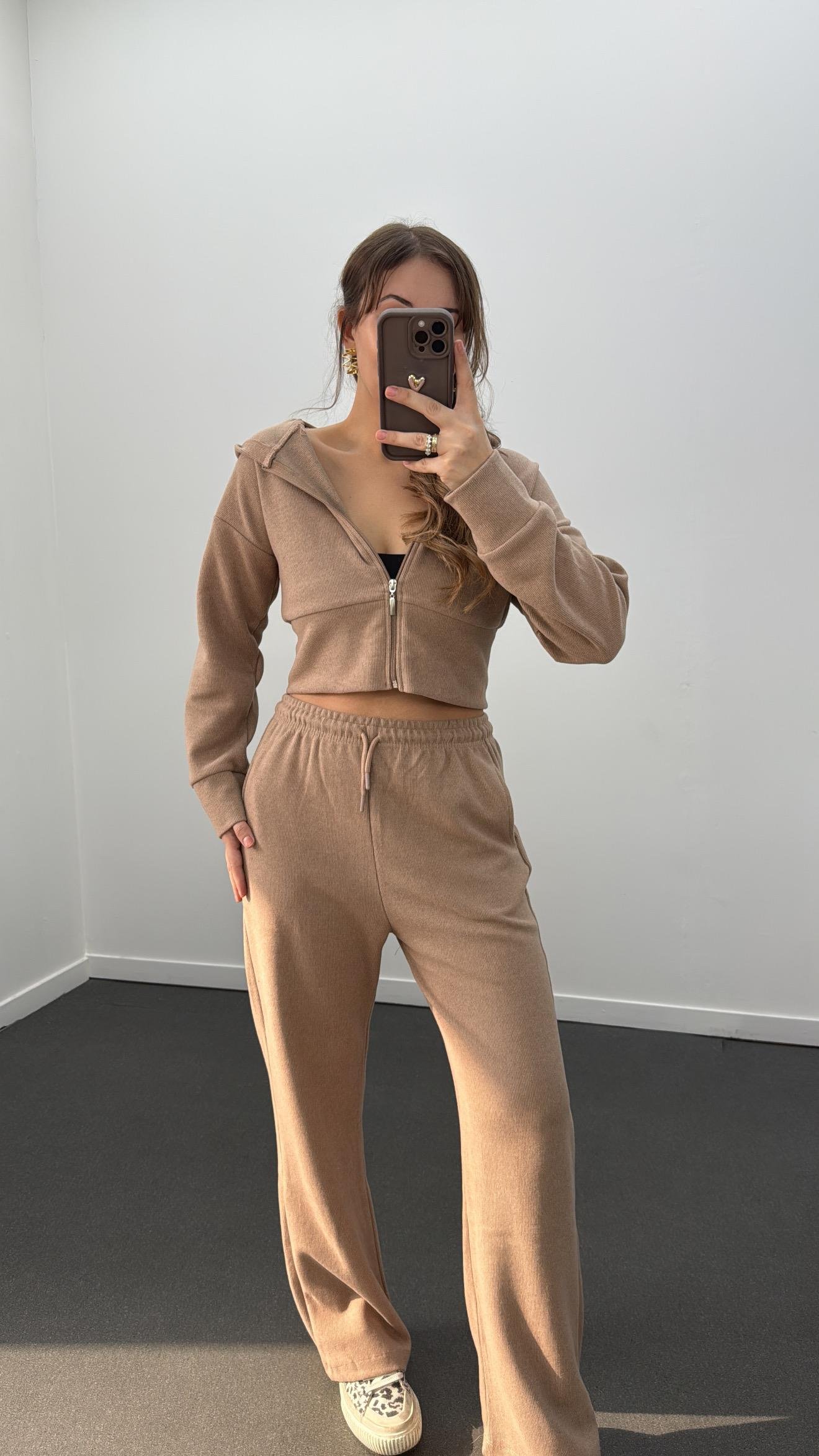 Bianca Bej Fitilli Triko Crop Hırka Eşofman Takım