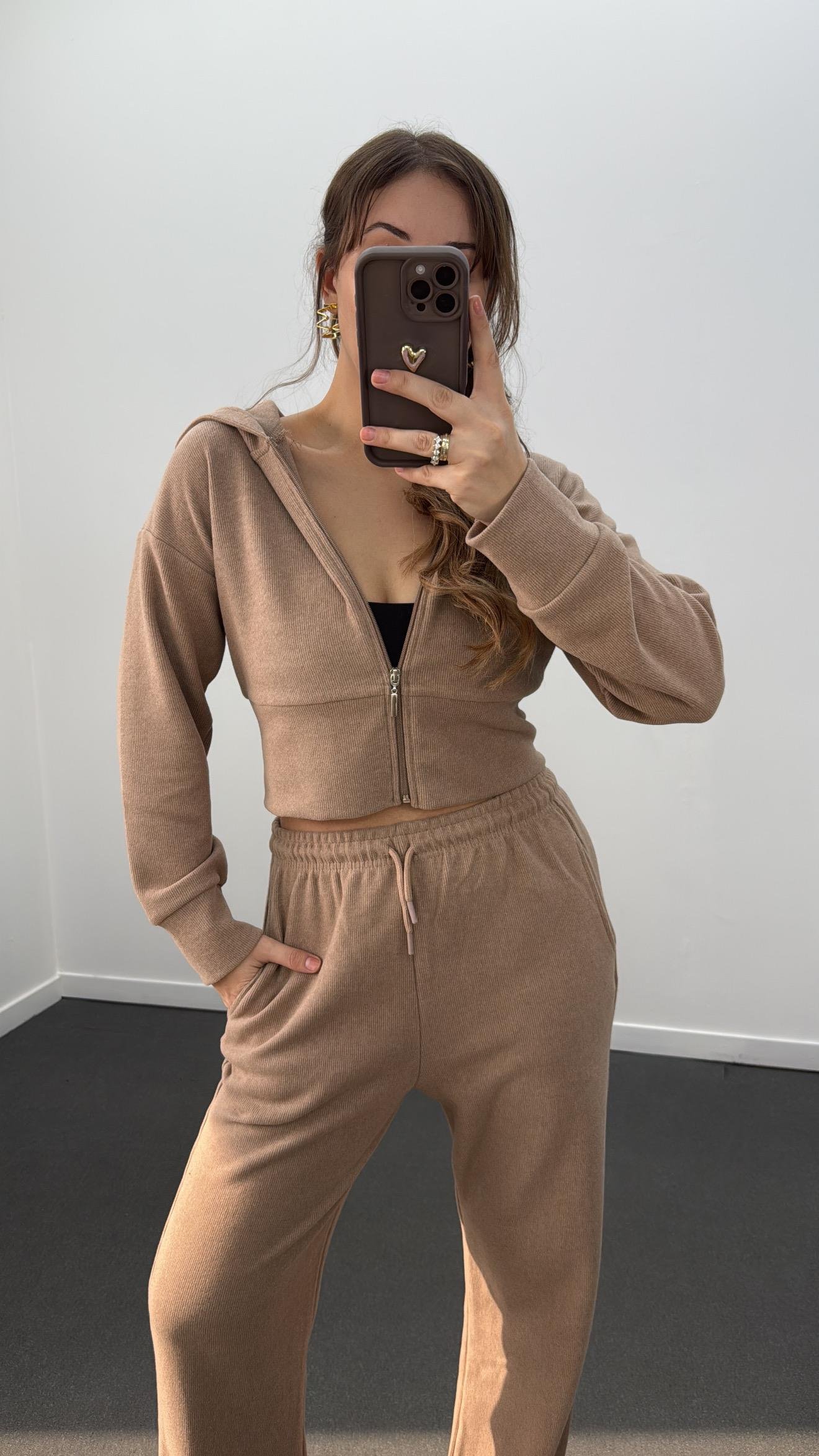 Bianca Bej Fitilli Triko Crop Hırka Eşofman Takım