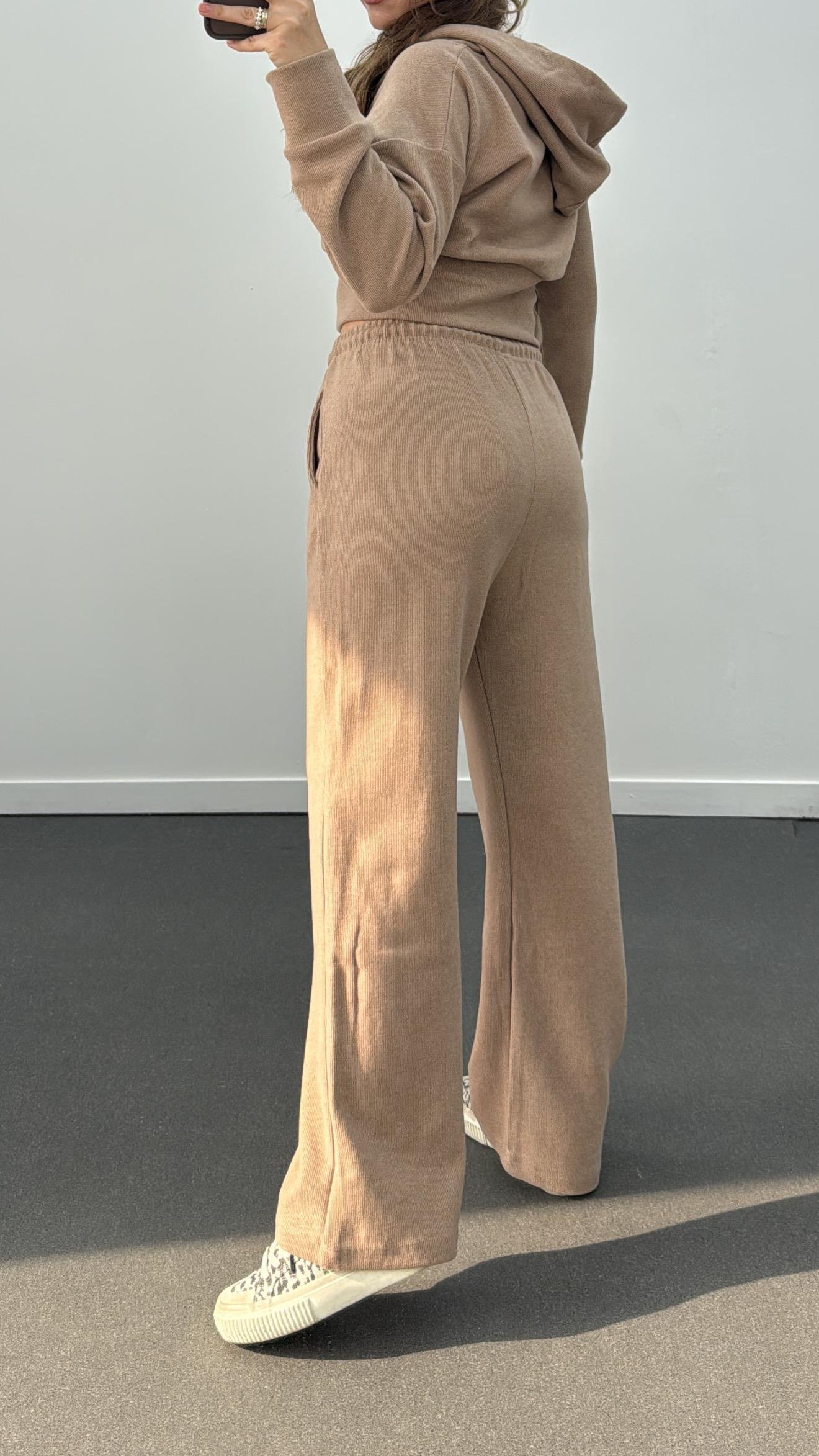 Bianca Bej Fitilli Triko Crop Hırka Eşofman Takım