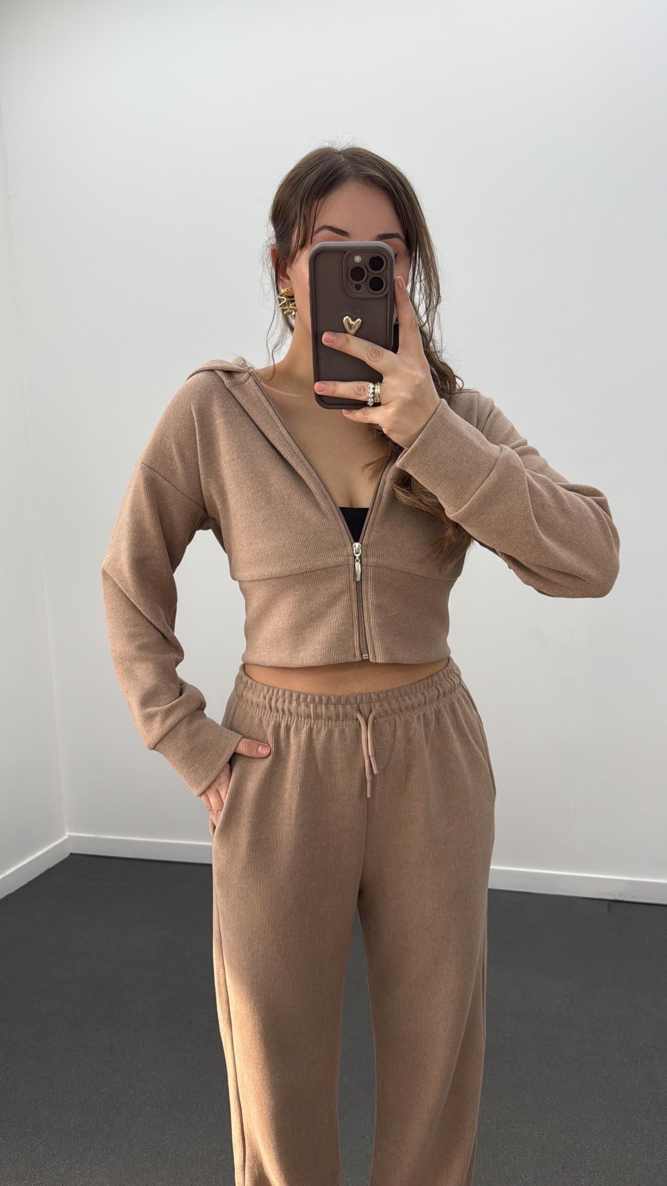 Bianca Bej Fitilli Triko Crop Hırka Eşofman Takım