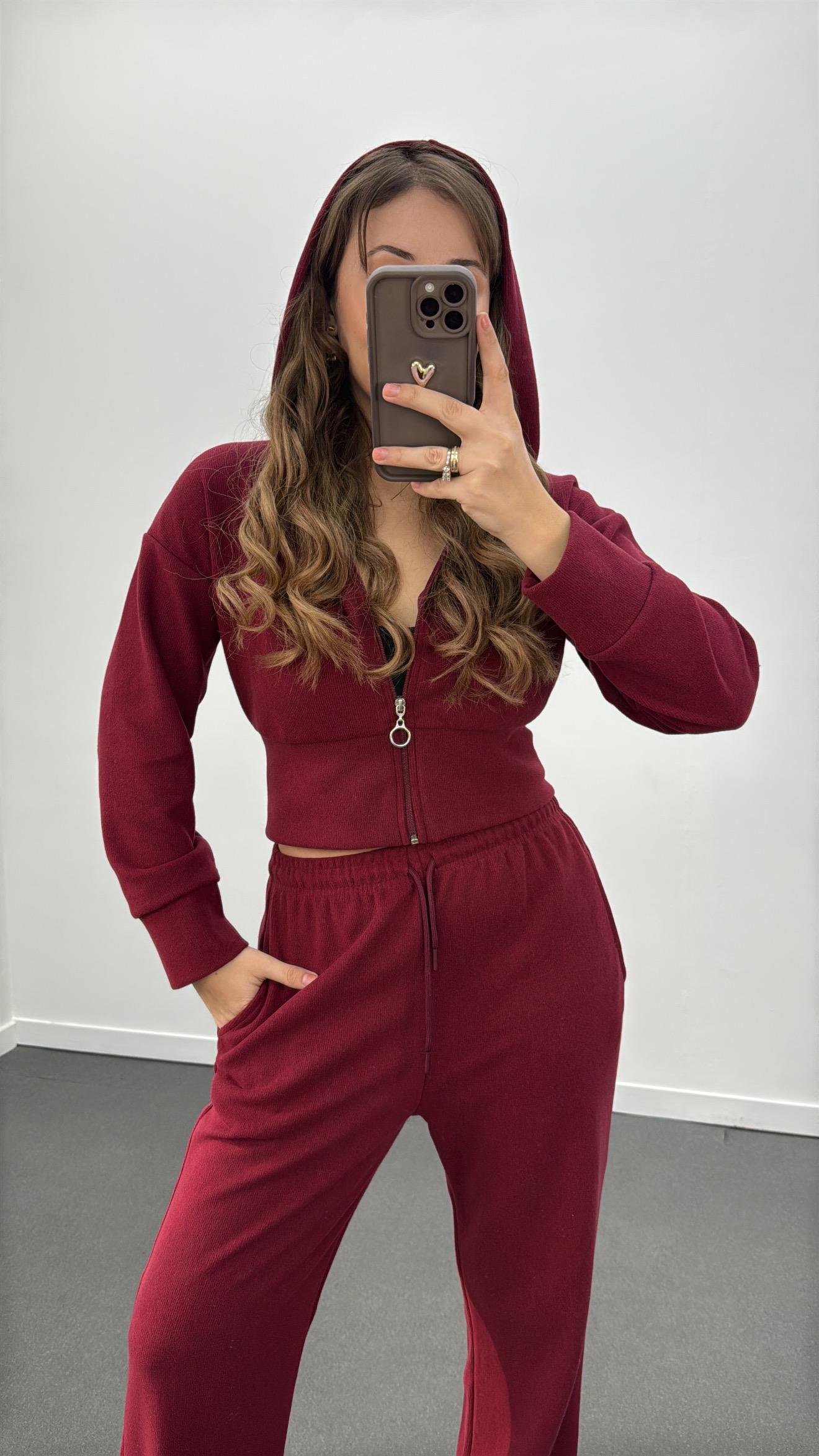 Bianca Bordo Fitilli Triko Crop Hırka Eşofman Takımı