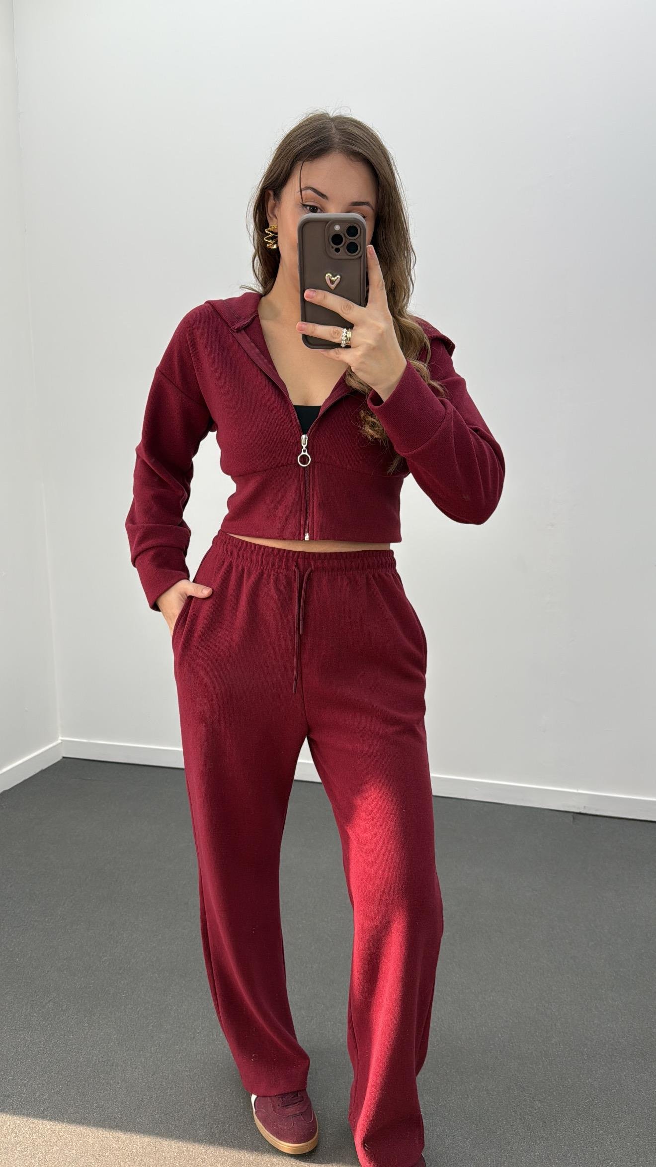 Bianca Bordo Fitilli Triko Crop Hırka Eşofman Takımı