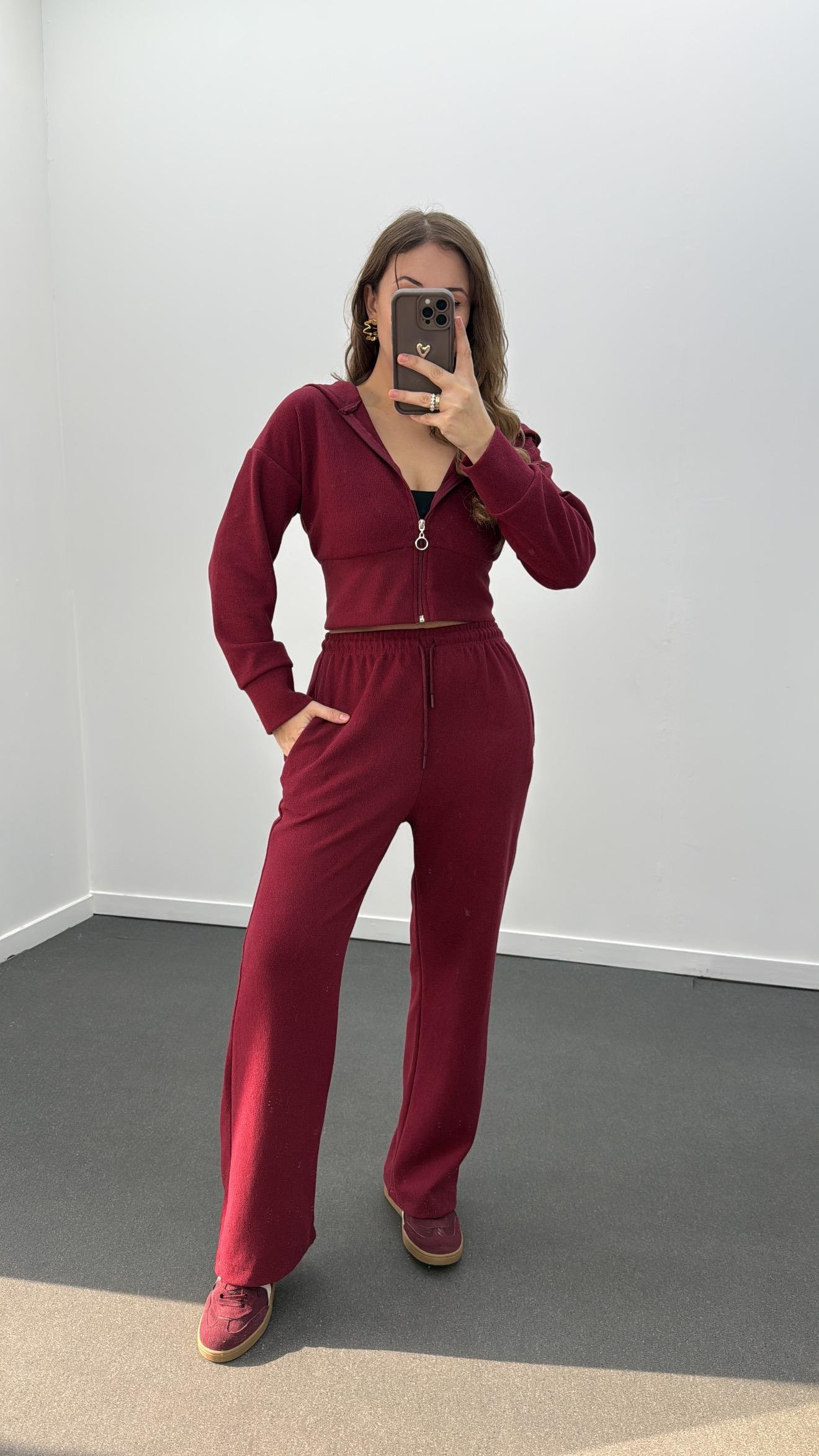 Bianca Bordo Fitilli Triko Crop Hırka Eşofman Takımı