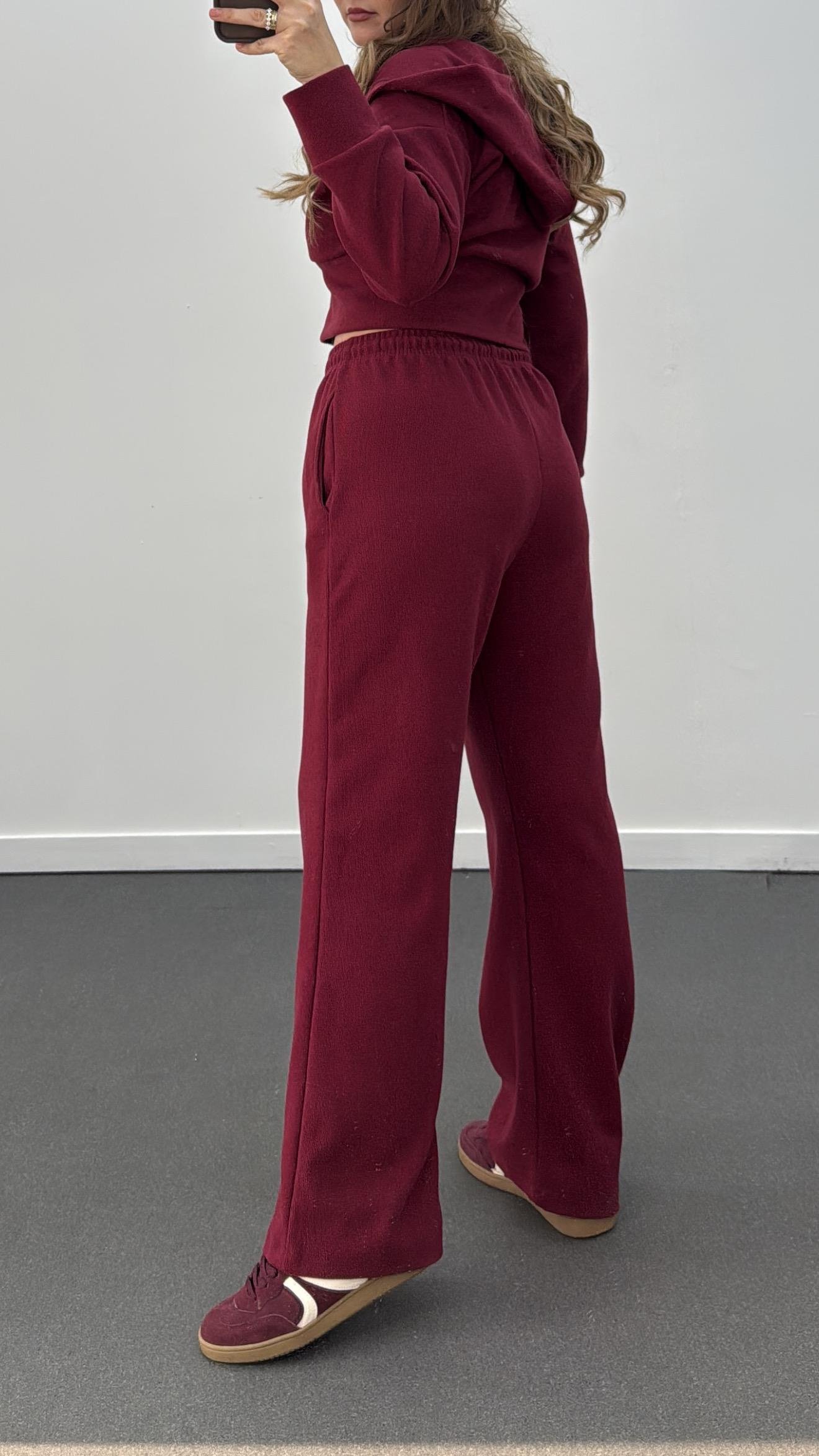 Bianca Bordo Fitilli Triko Crop Hırka Eşofman Takımı