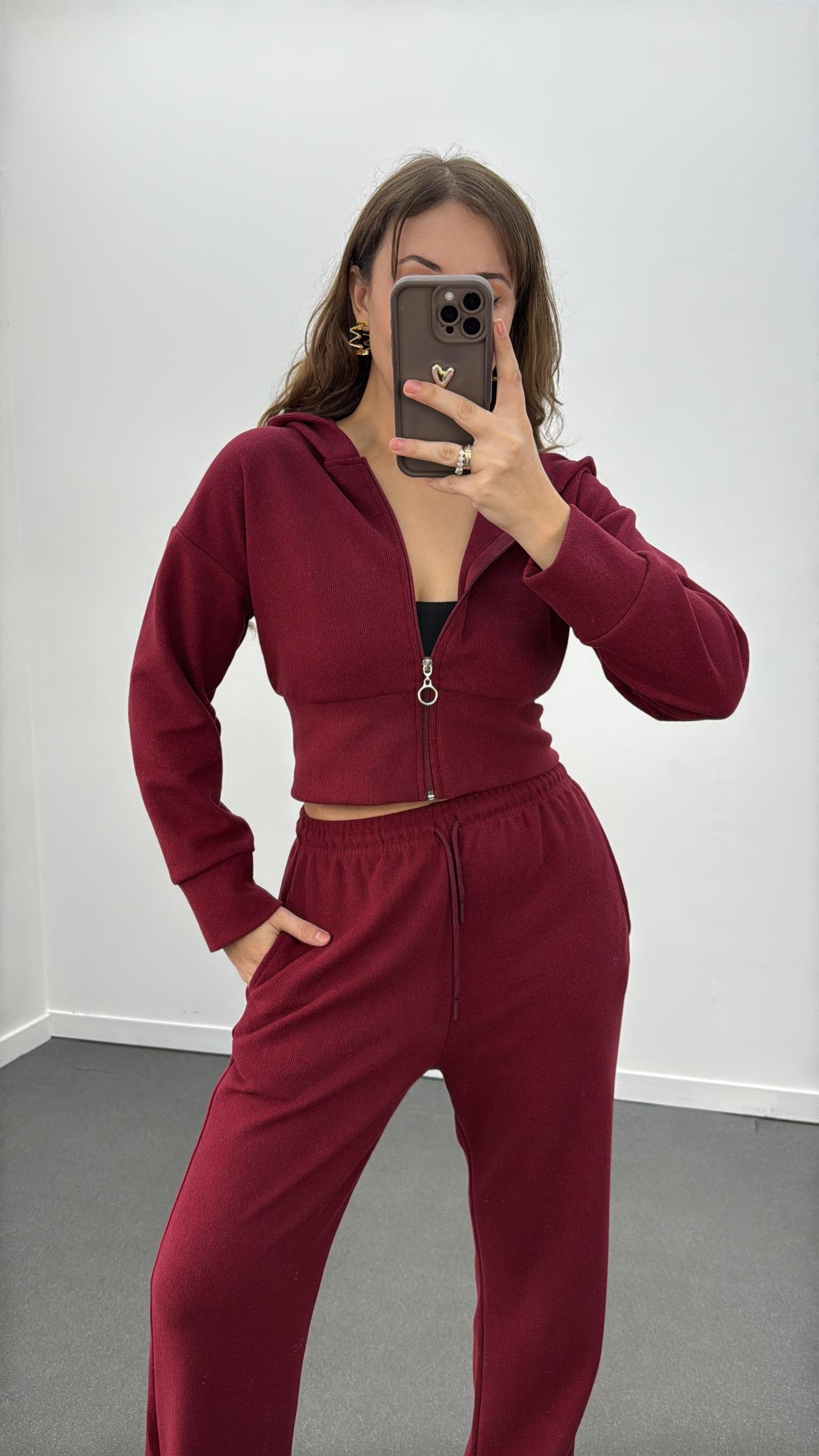 Bianca Bordo Fitilli Triko Crop Hırka Eşofman Takımı