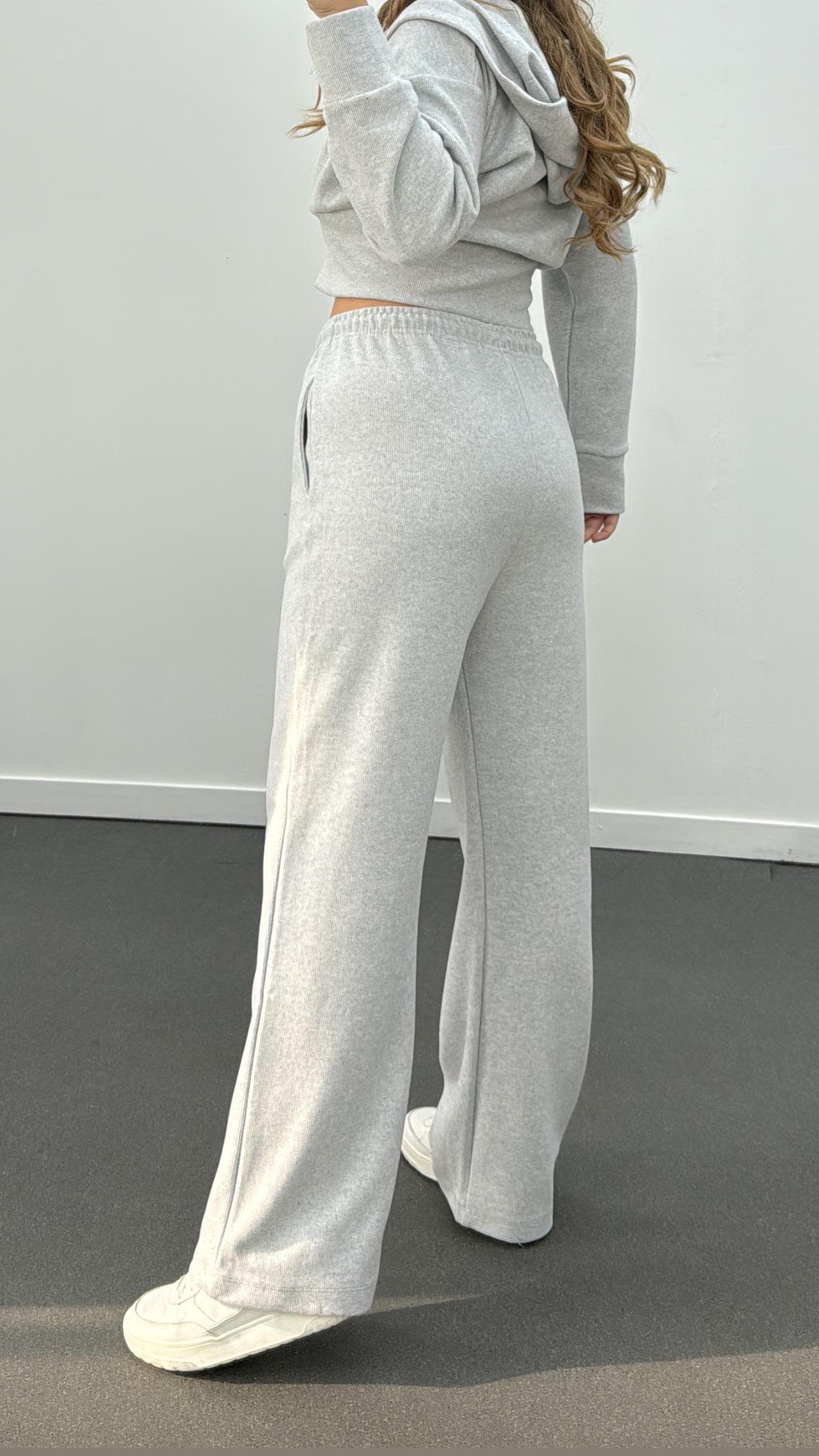 Bianca Gri Fitilli Triko Crop Hırka Eşofman Takım