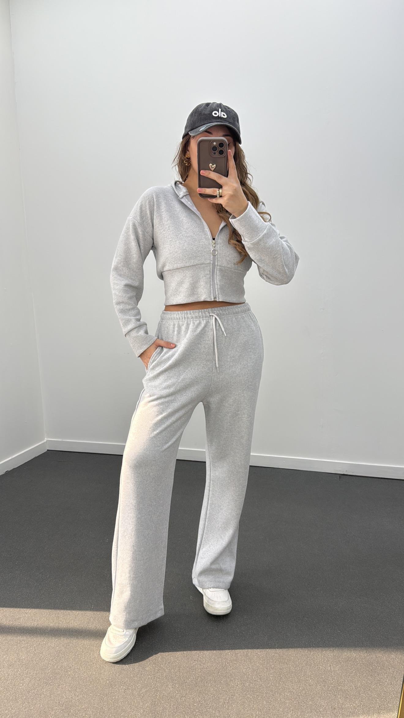 Bianca Gri Fitilli Triko Crop Hırka Eşofman Takım