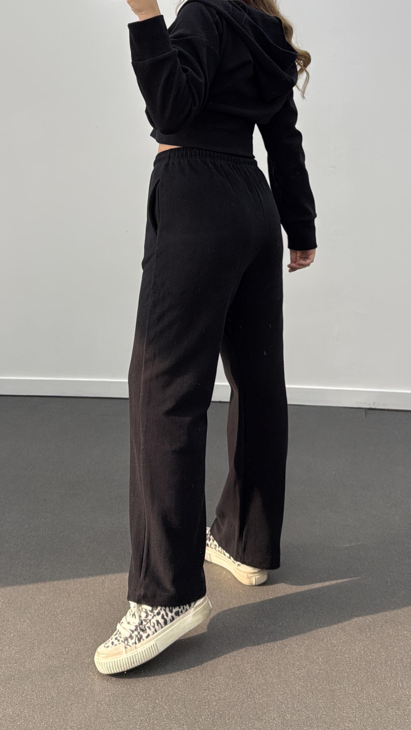 Bianca Siyah Fitilli Triko Crop Hırka Eşofman Takım