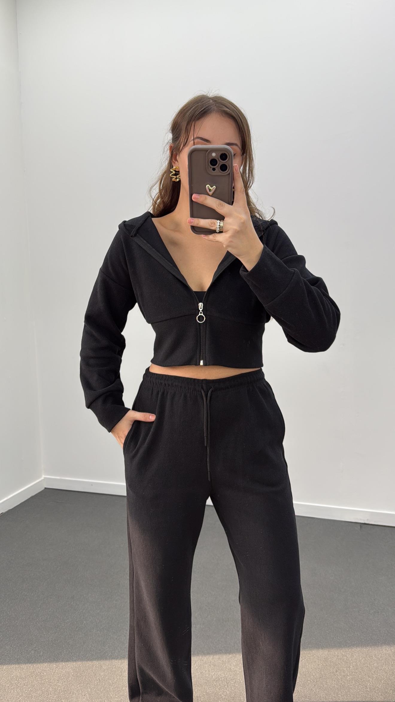 Bianca Siyah Fitilli Triko Crop Hırka Eşofman Takım