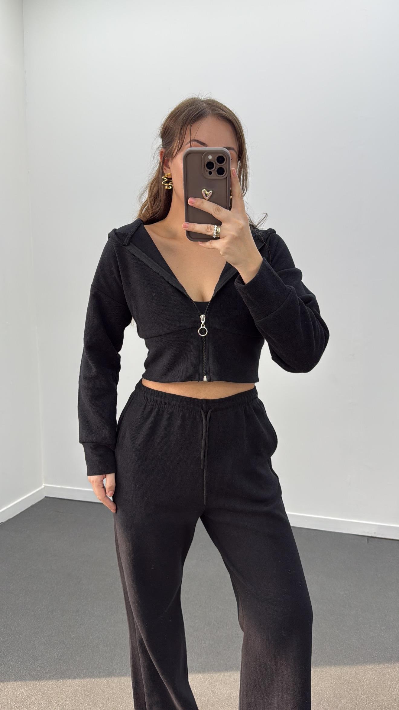 Bianca Siyah Fitilli Triko Crop Hırka Eşofman Takım