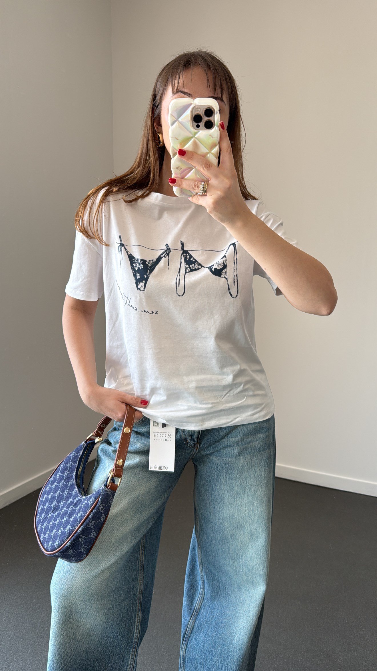 Bikini Baskılı Bisiklet Yaka Pamuklu Tshirt