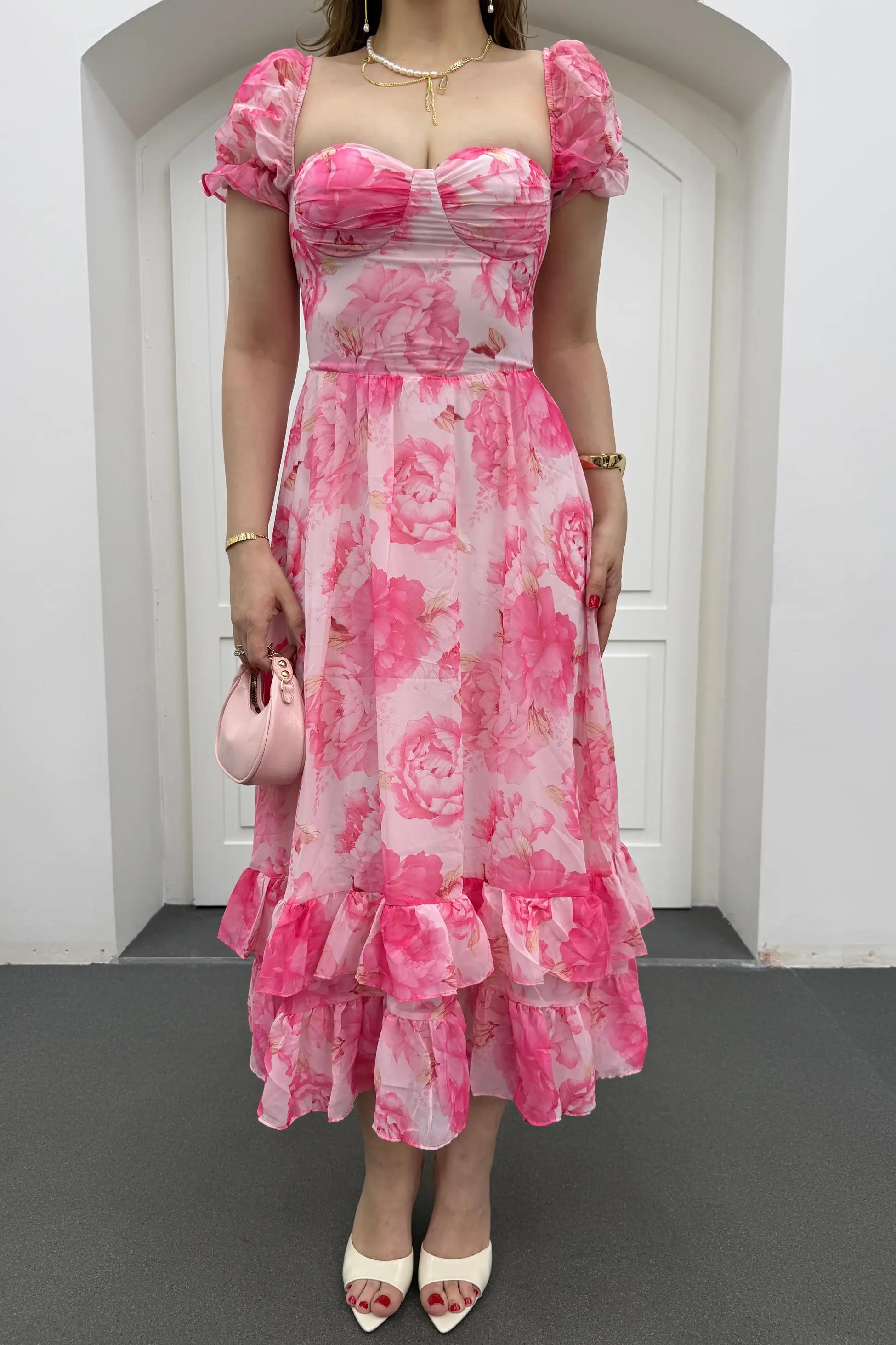 Blossom Pembe Çiçekli Maxi Elbise