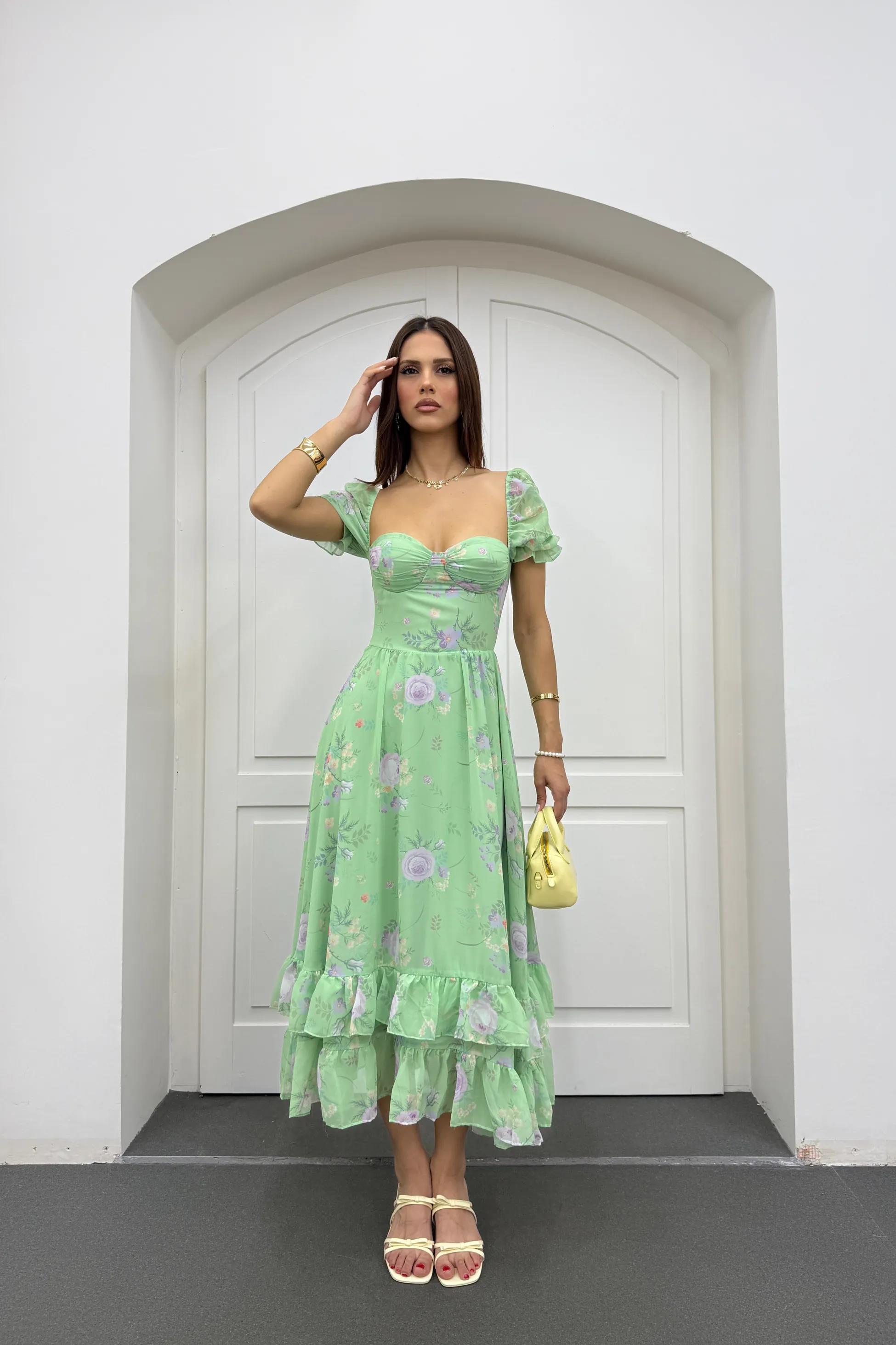 Blossom Yeşil Çiçekli Maxi Elbise