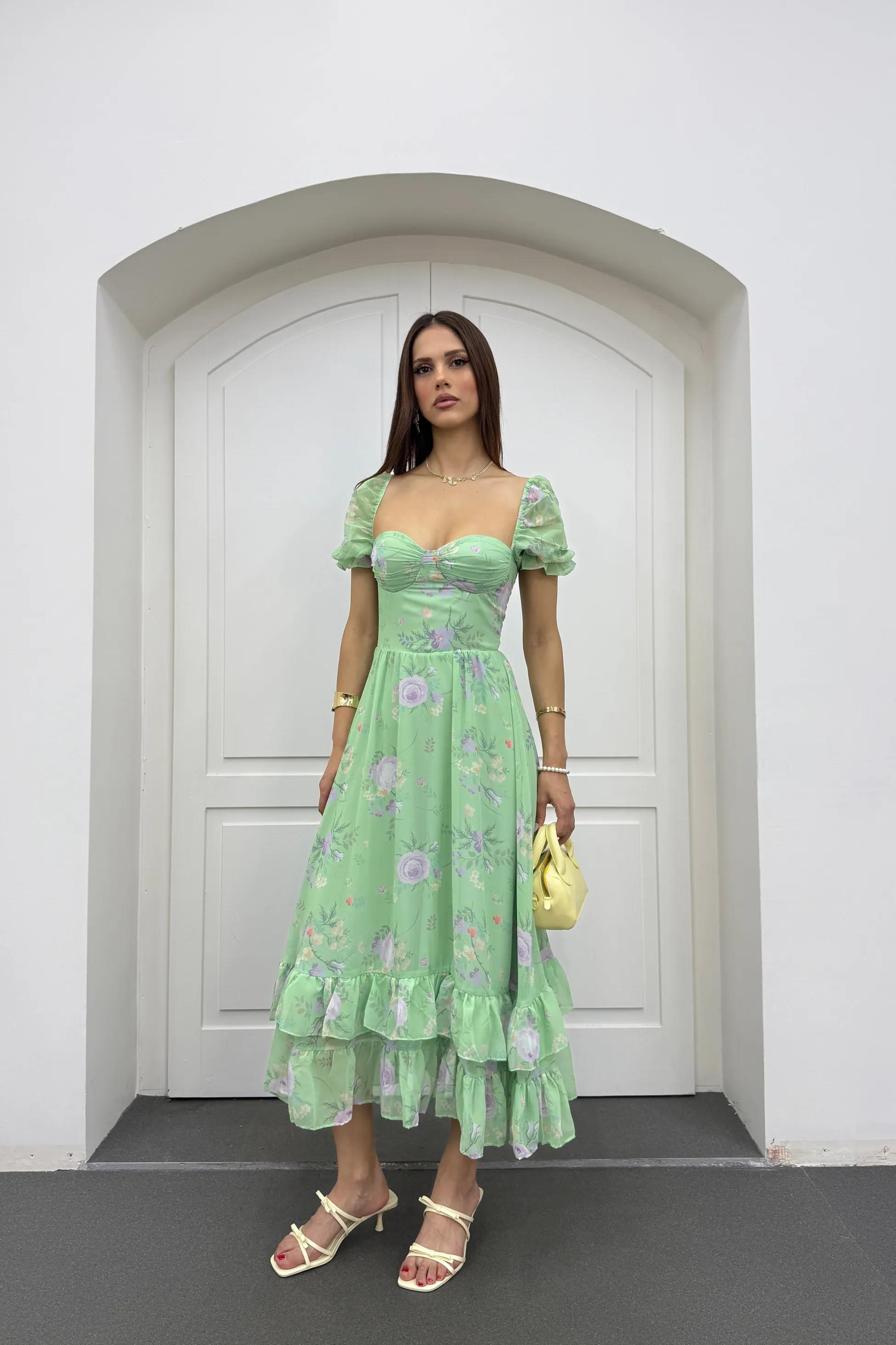Blossom Yeşil Çiçekli Maxi Elbise
