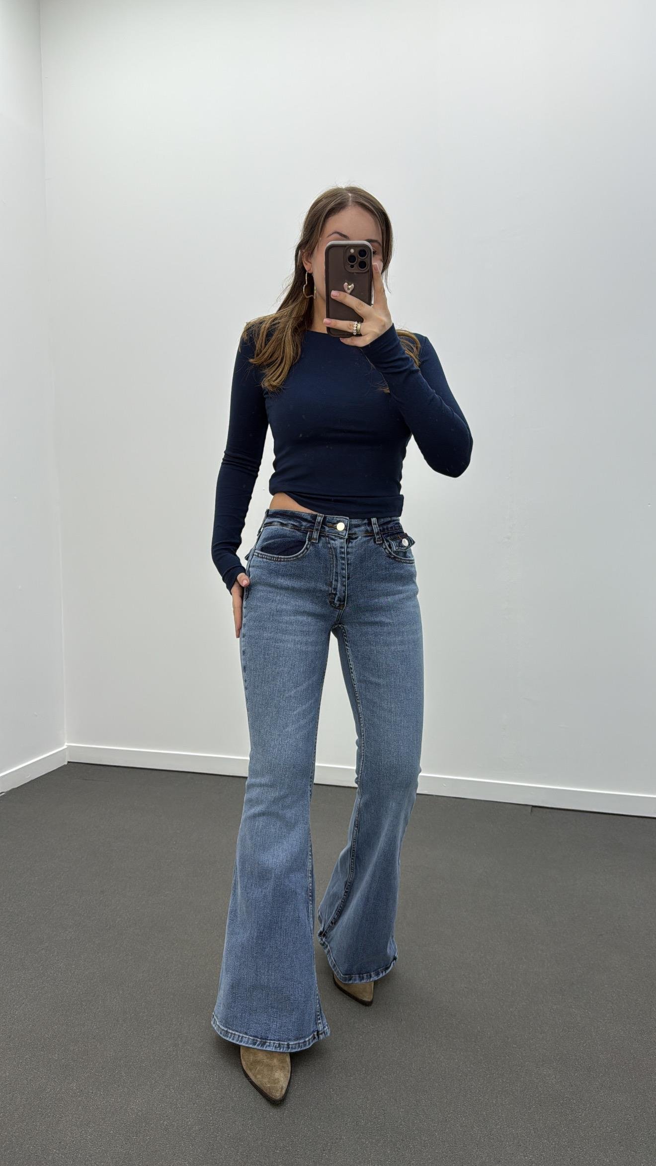 Boenos Açık Kot Yıkamalı Push Up Cepli Toparlayıcı Flare Jeans