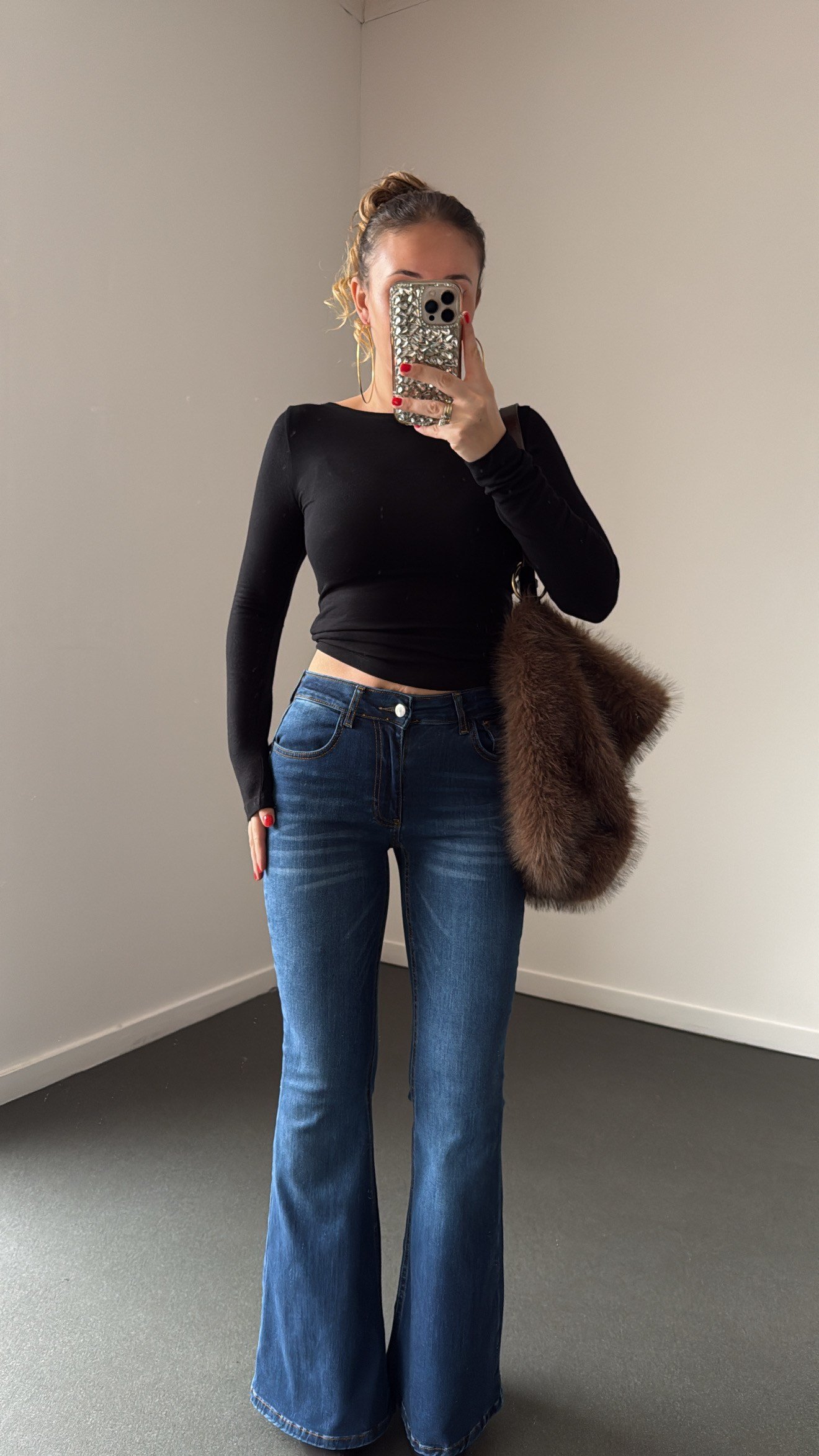 Boenos Koyu Kot Yıkalamalı Push Up Cepli Toparlayıcı Flare Jeans