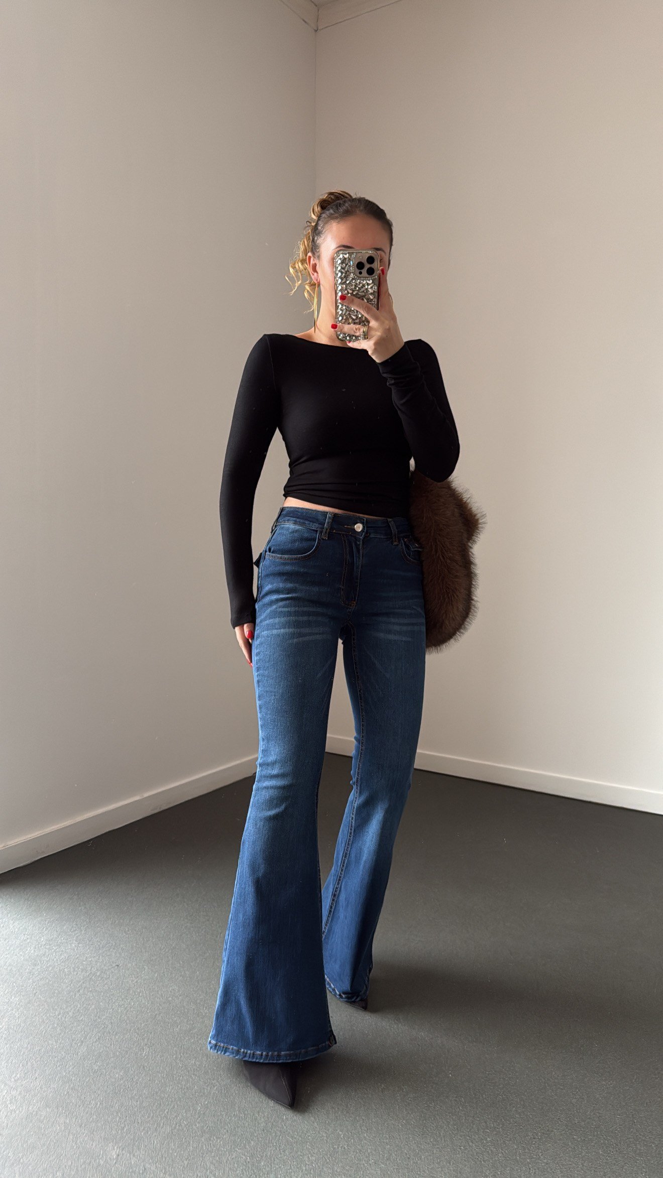 Boenos Koyu Kot Yıkalamalı Push Up Cepli Toparlayıcı Flare Jeans