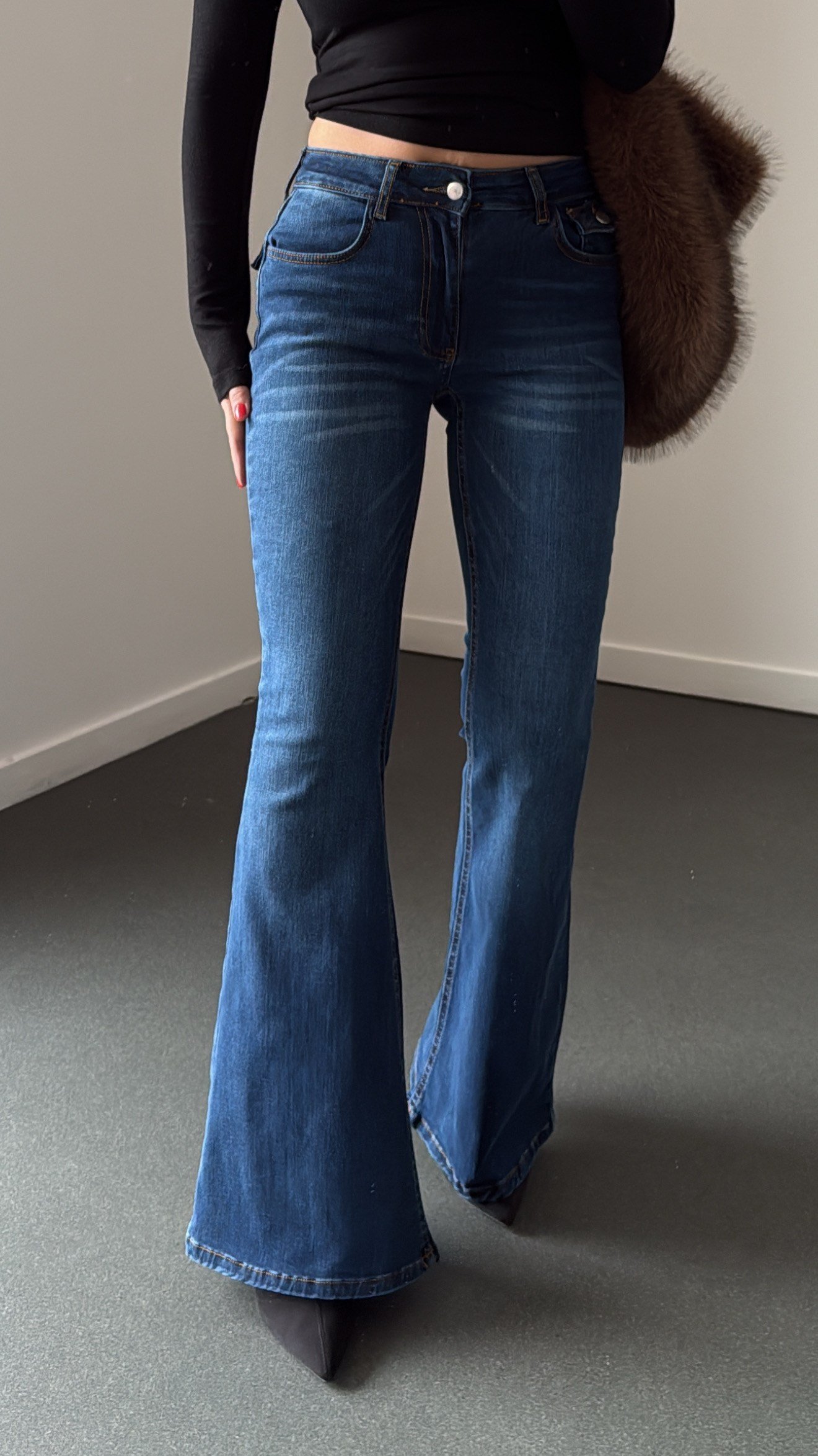 Boenos Koyu Kot Yıkalamalı Push Up Cepli Toparlayıcı Flare Jeans