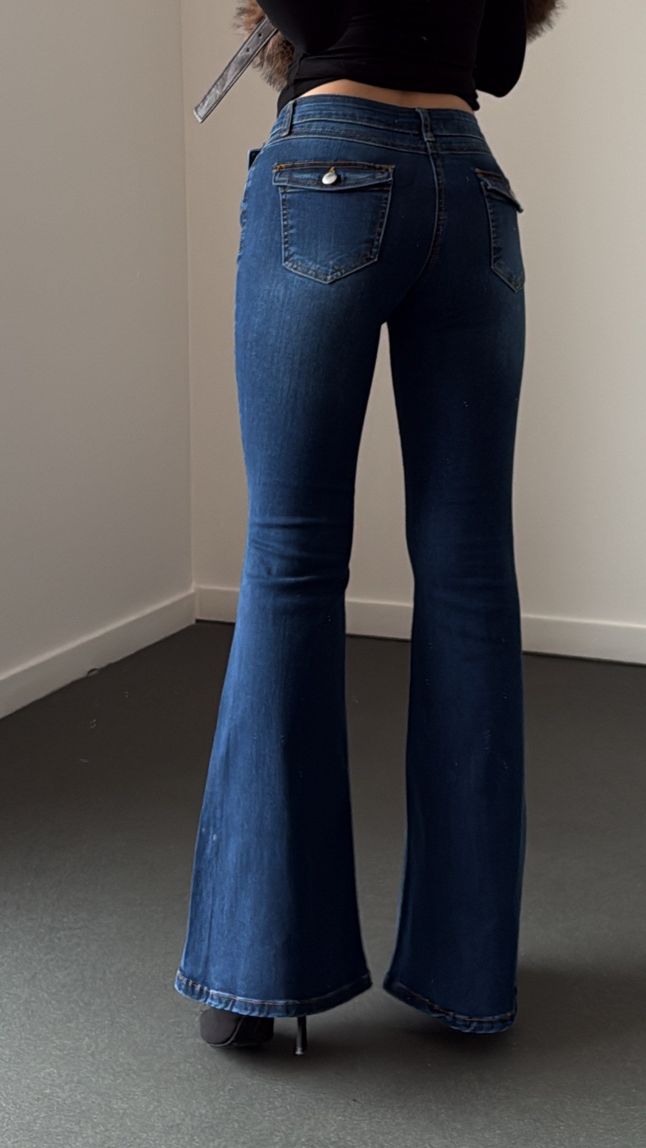 Boenos Koyu Kot Yıkalamalı Push Up Cepli Toparlayıcı Flare Jeans