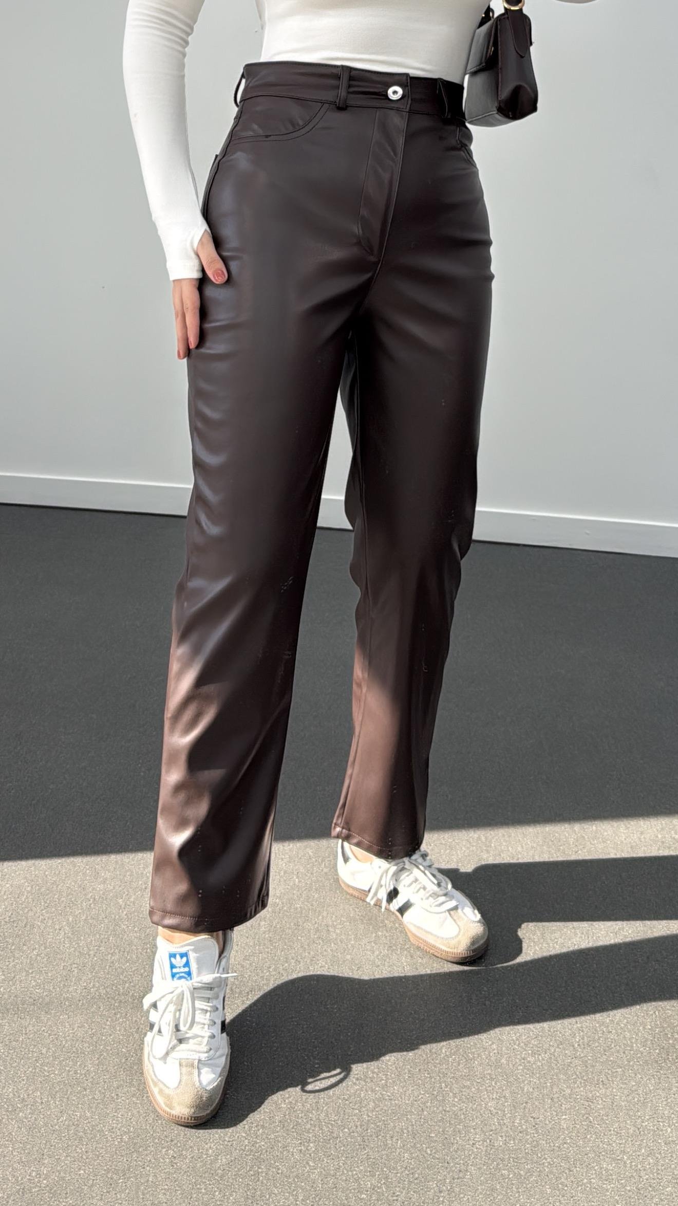 Bolivia Acı Kahve Yüksek Bel Slim Straight Deri Pantolon