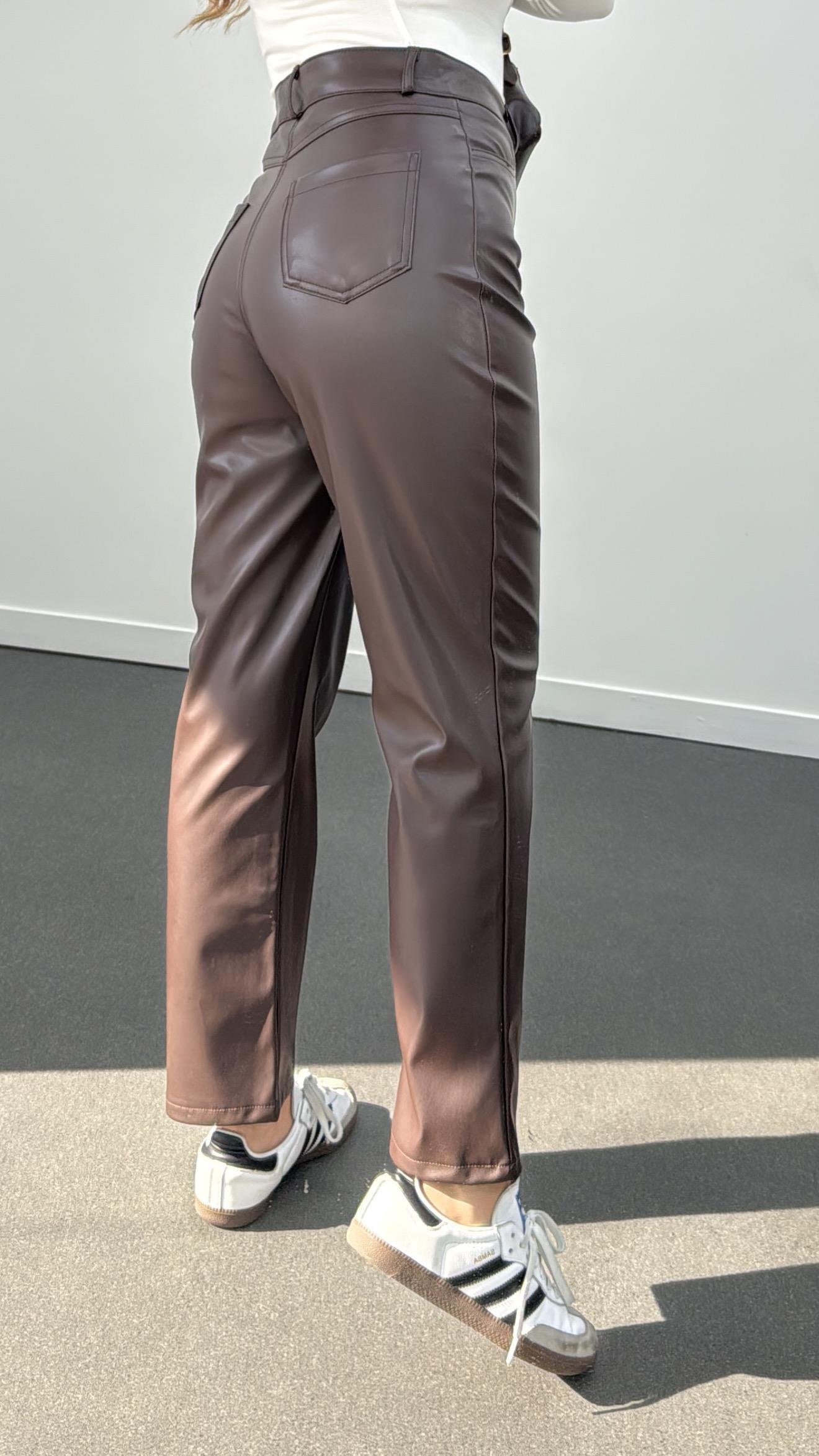 Bolivia Acı Kahve Yüksek Bel Slim Straight Deri Pantolon