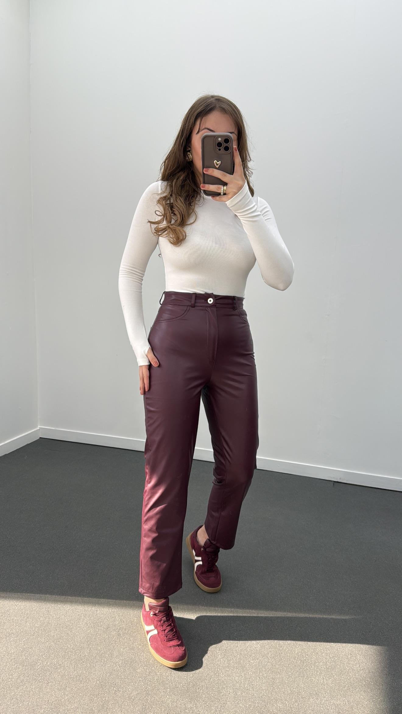 Bolivia Bordo Yüksek Bel Slim Straight Deri Pantolon