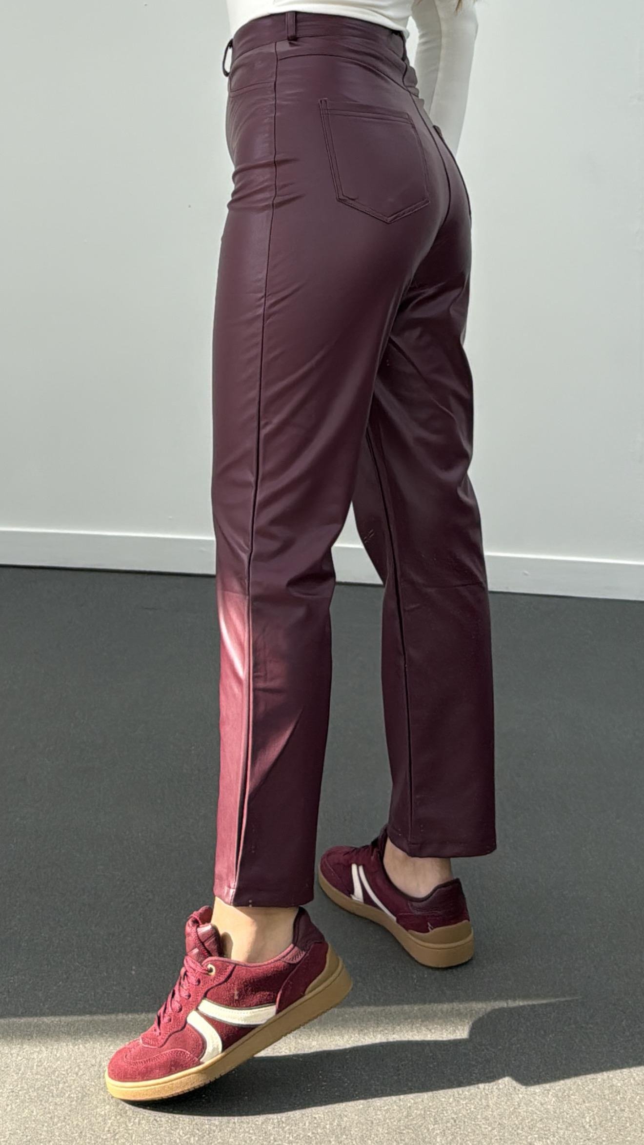 Bolivia Bordo Yüksek Bel Slim Straight Deri Pantolon